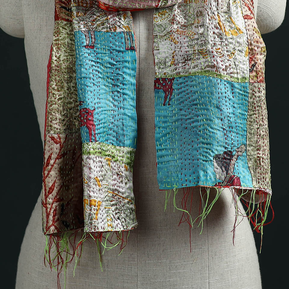 Patchwork reversible silk bengal hand kantha stitch stole