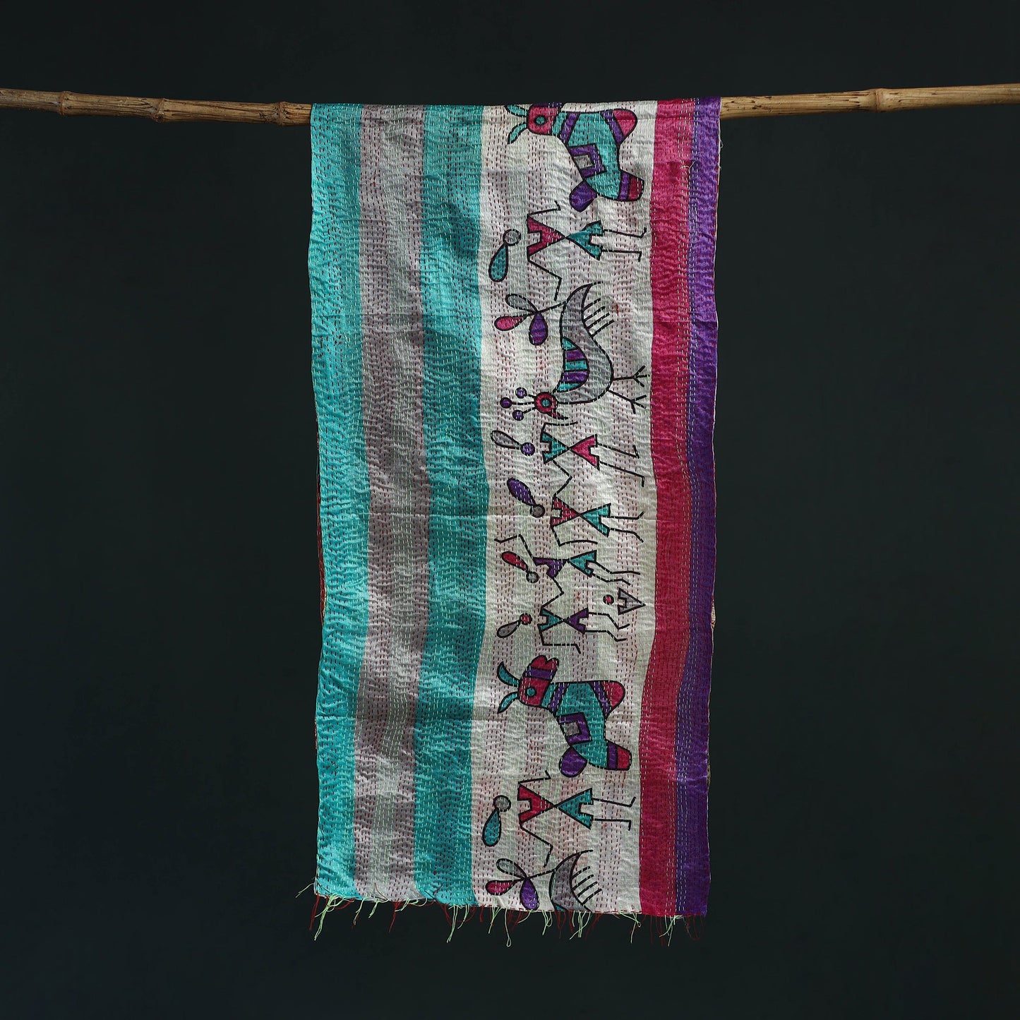 Patchwork reversible silk bengal hand kantha stitch stole