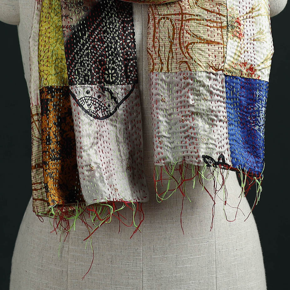 Patchwork reversible silk bengal hand kantha stitch stole