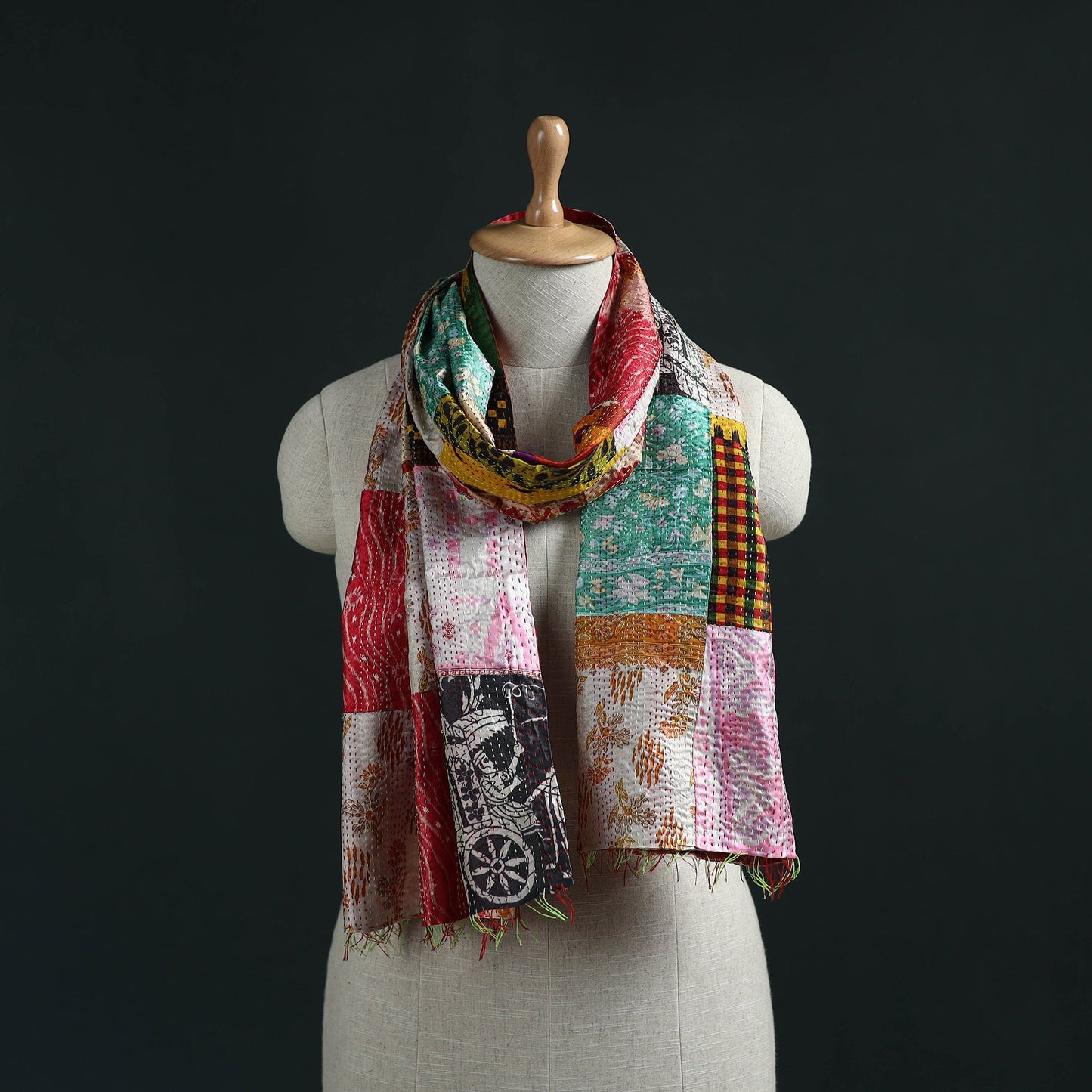 Patchwork reversible silk bengal hand kantha stitch stole