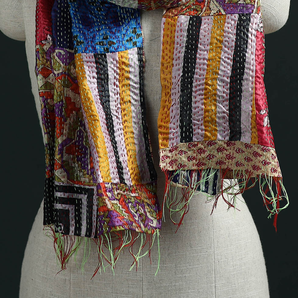 Patchwork reversible silk bengal hand kantha stitch stole