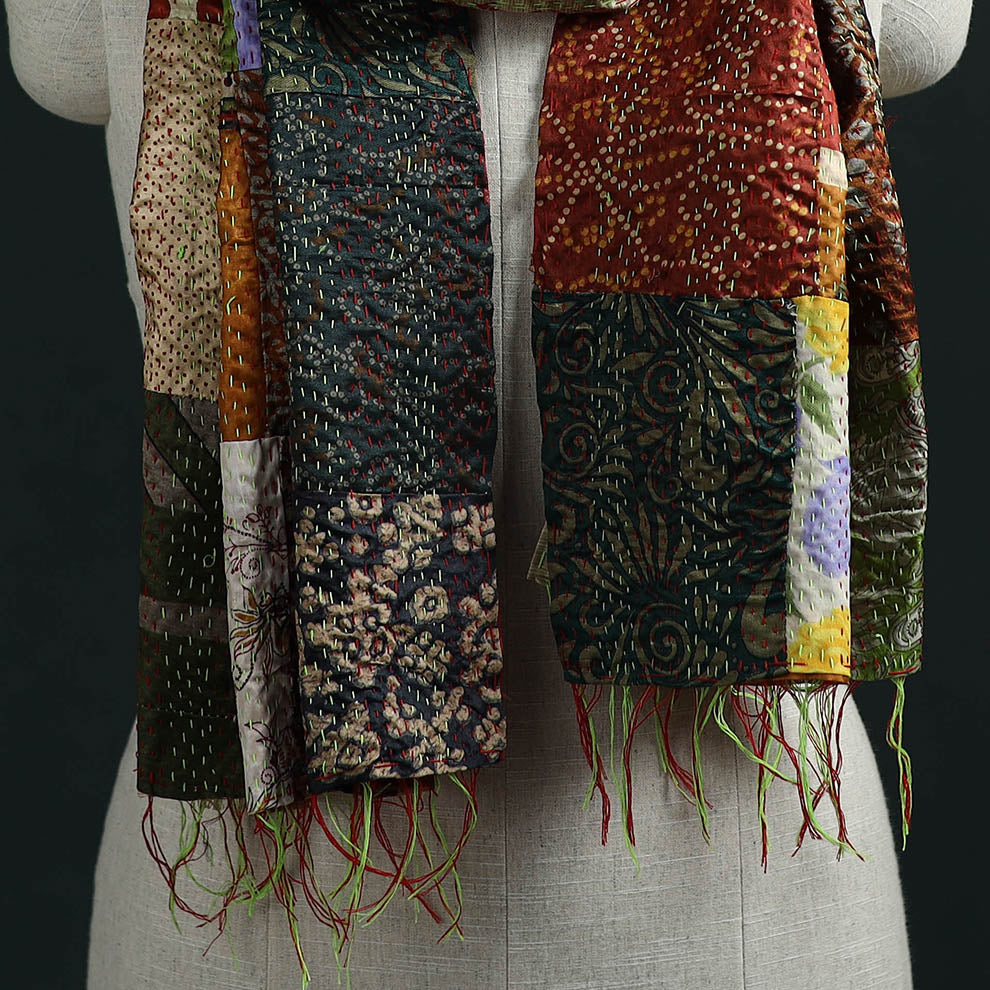 Patchwork reversible silk bengal hand kantha stitch stole