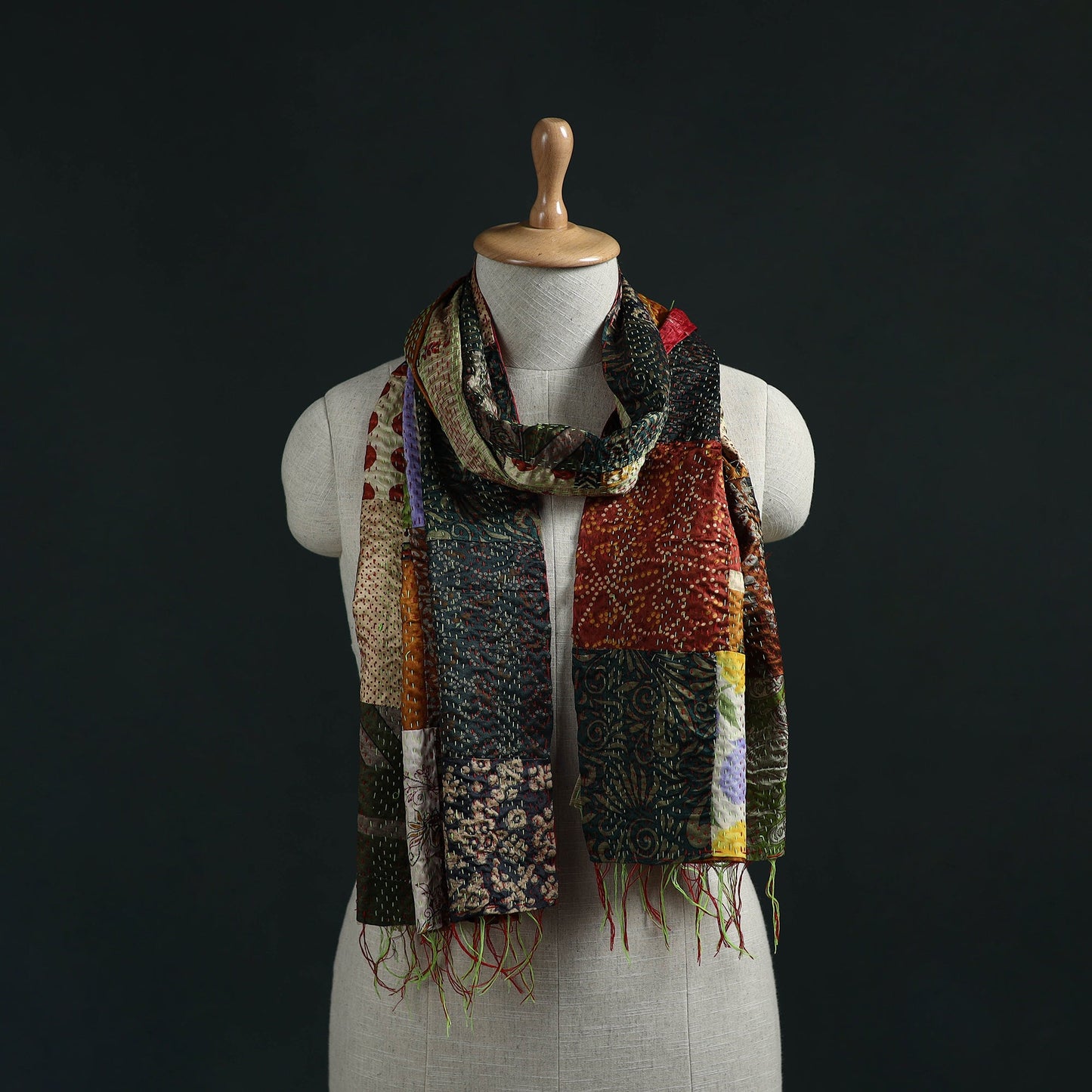 Patchwork reversible silk bengal hand kantha stitch stole