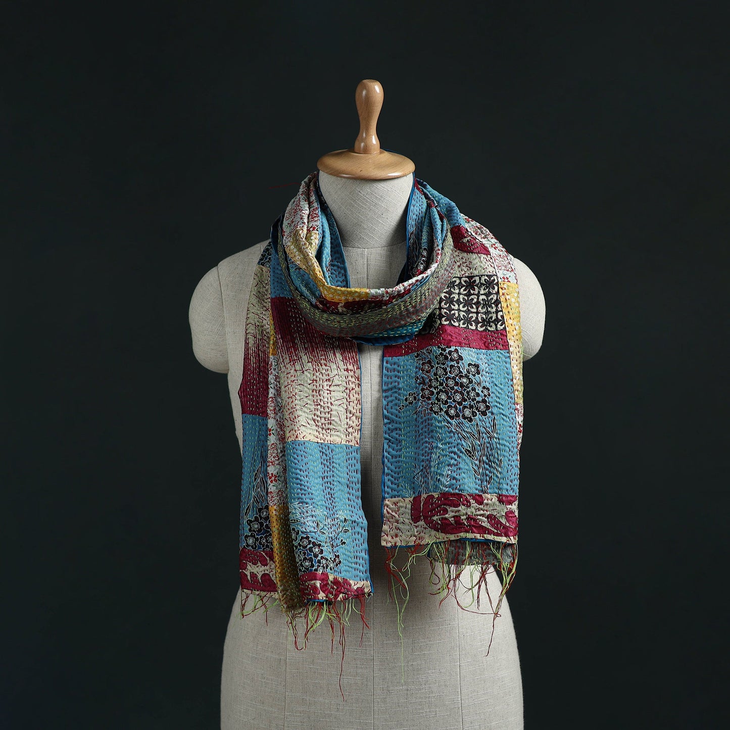 Patchwork reversible silk bengal hand kantha stitch stole