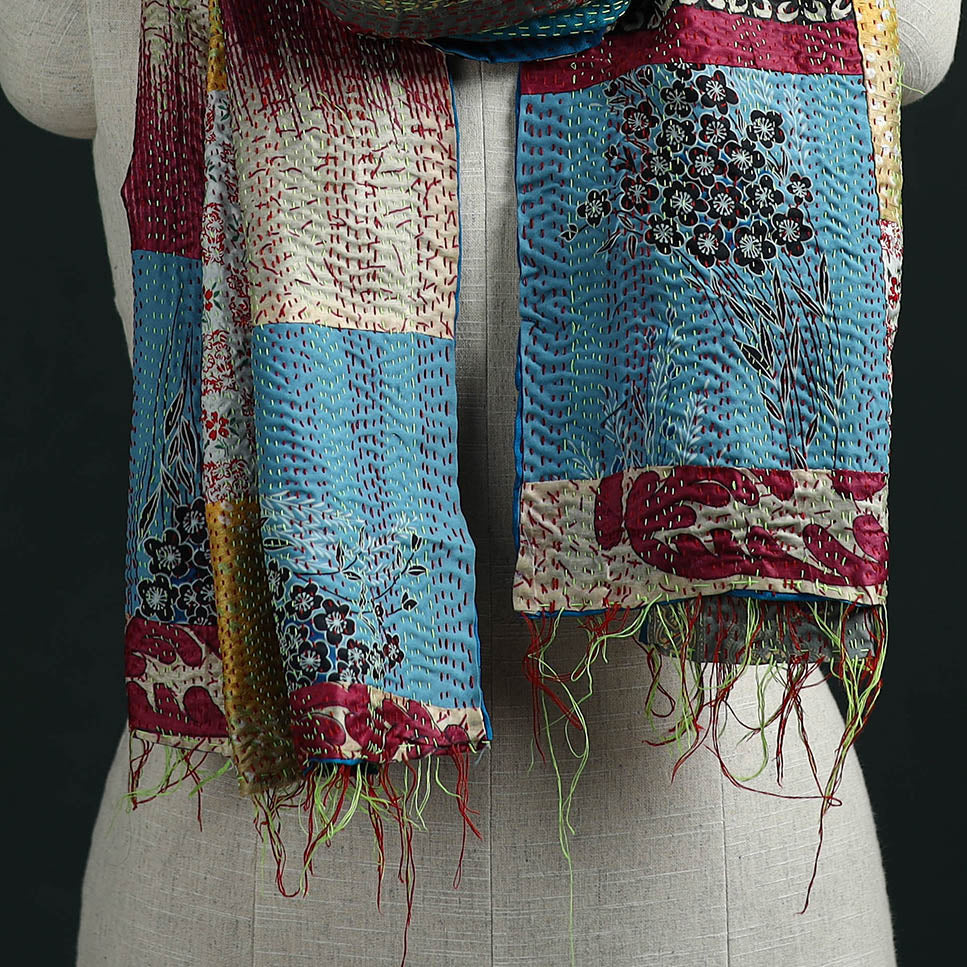 Patchwork reversible silk bengal hand kantha stitch stole