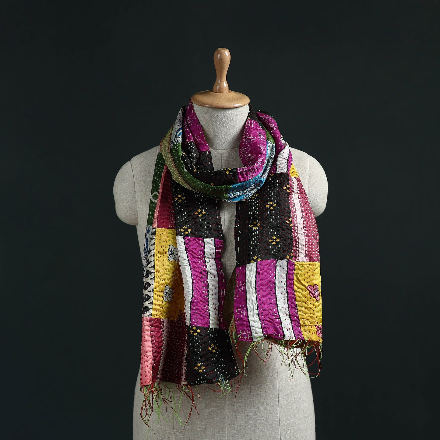 Patchwork reversible silk bengal hand kantha stitch stole