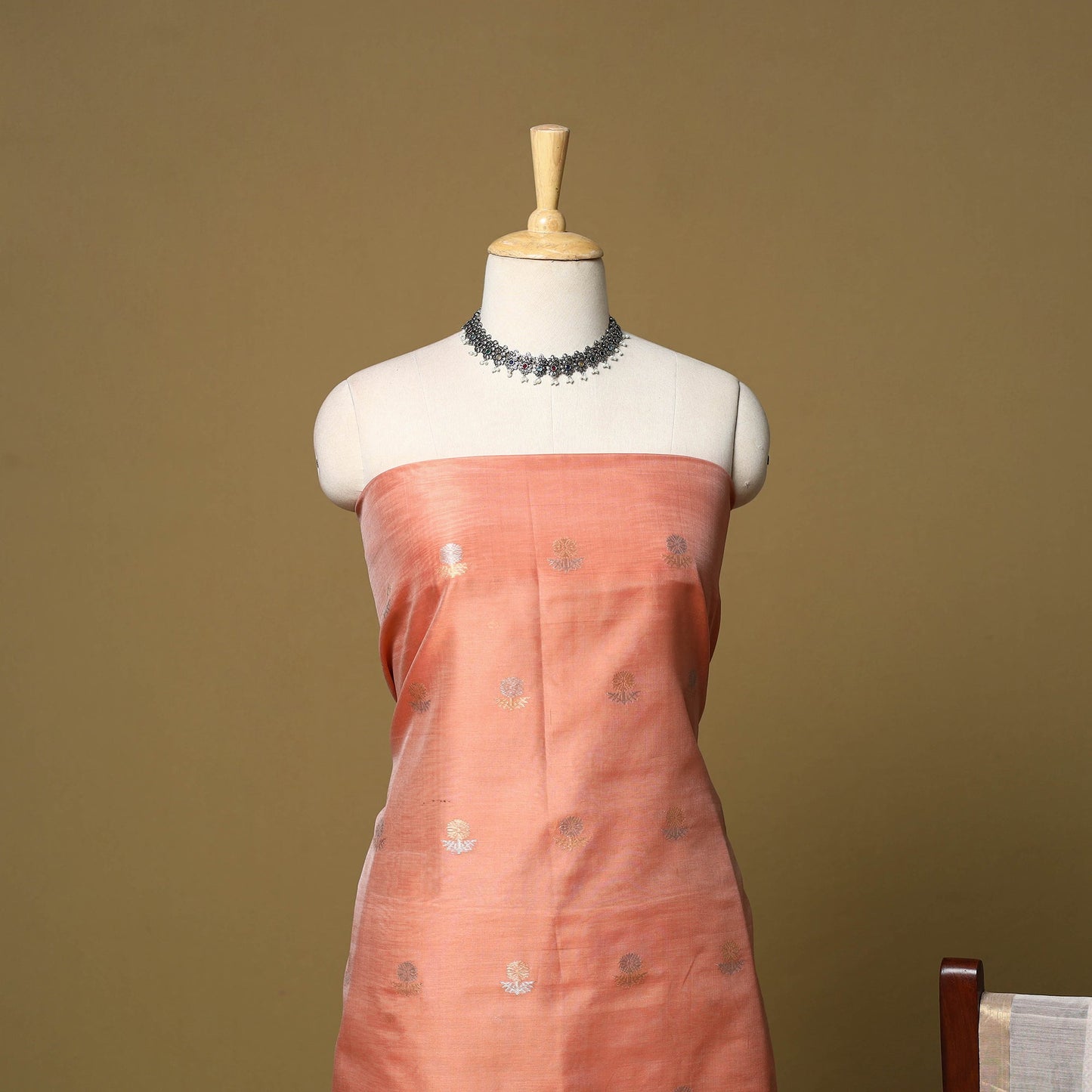Peach - 2pc handloom zari buti unstitched chanderi silk