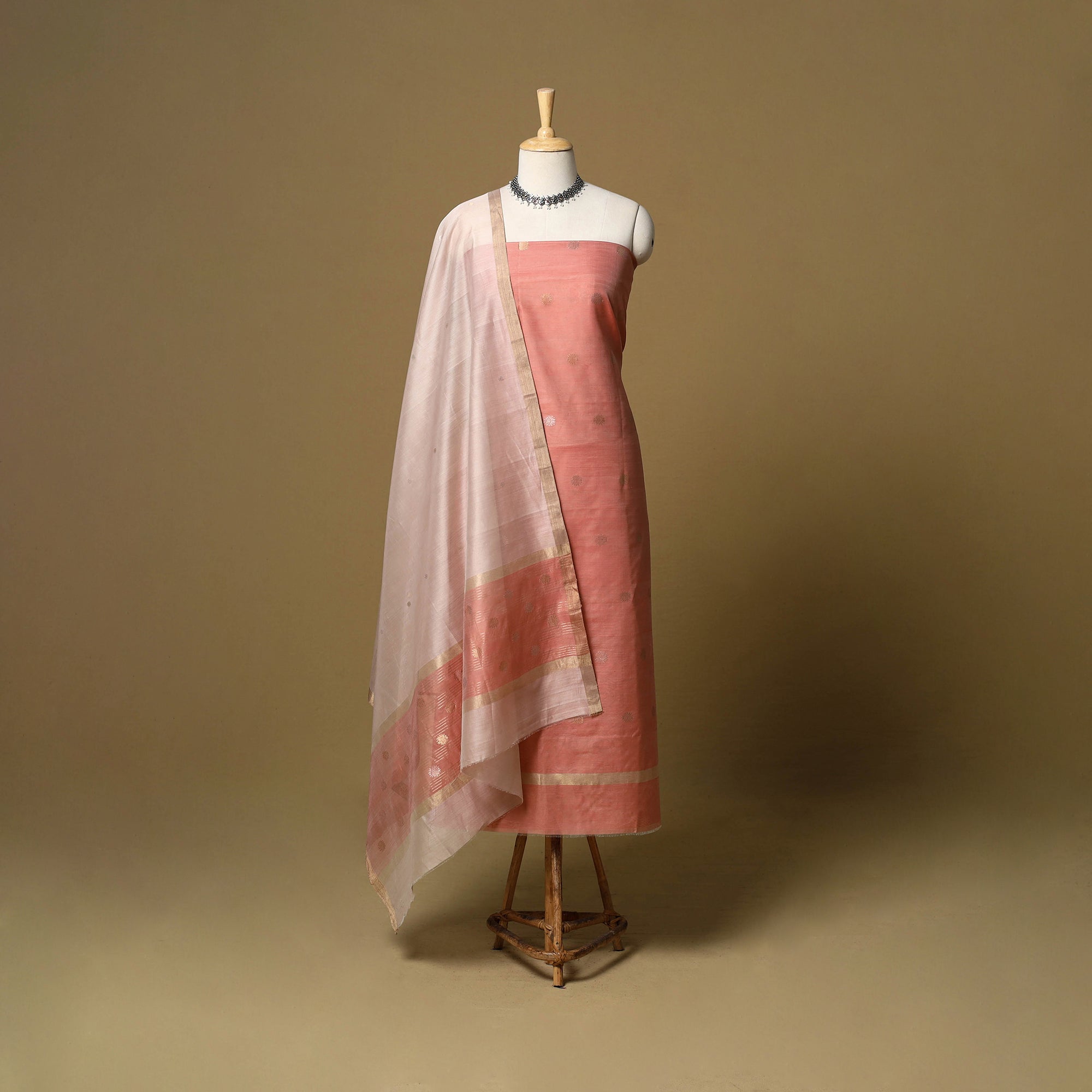 Peach 2pc Handloom Zari Buti Unstitched Chanderi Silk Dress Material Suit Set