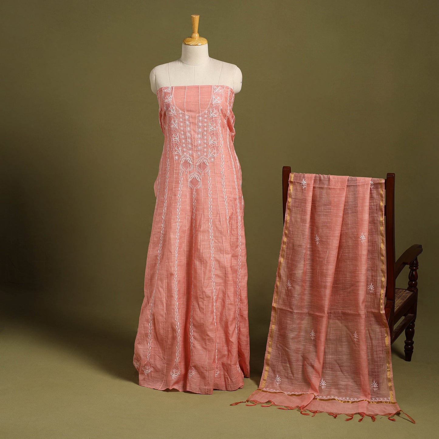2pc Mul Chanderi Semi Stitched Peach Anarkali Heavy Chikankari Kurta Set