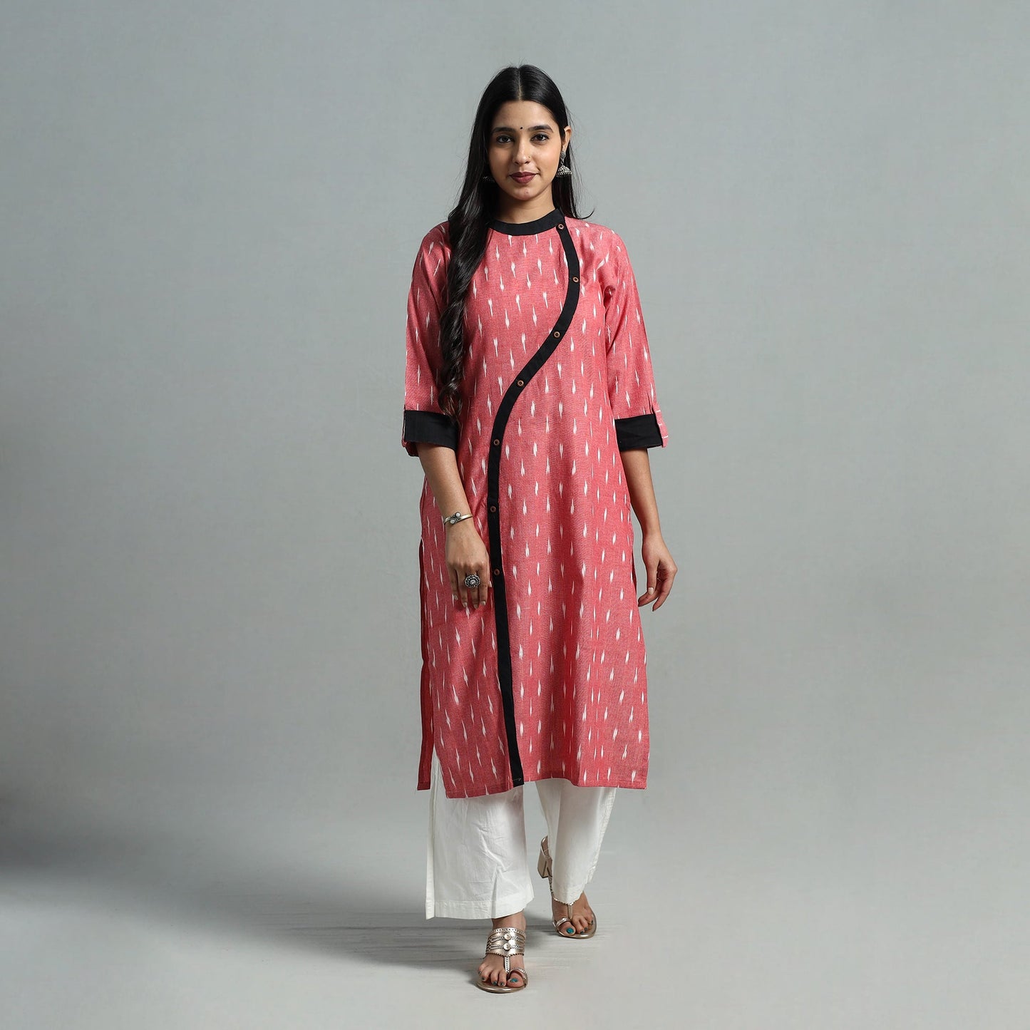 Peach Angrakha Cotton Straight Pochampally Ikat Kurta