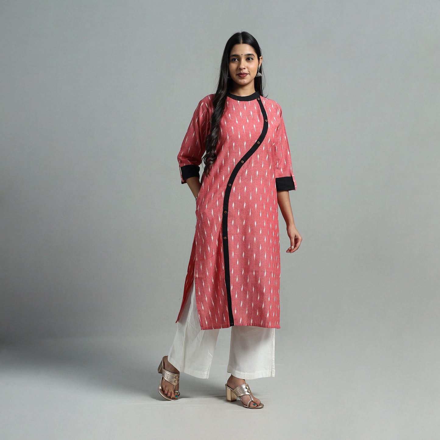 Peach Angrakha Cotton Straight Pochampally Ikat Kurta