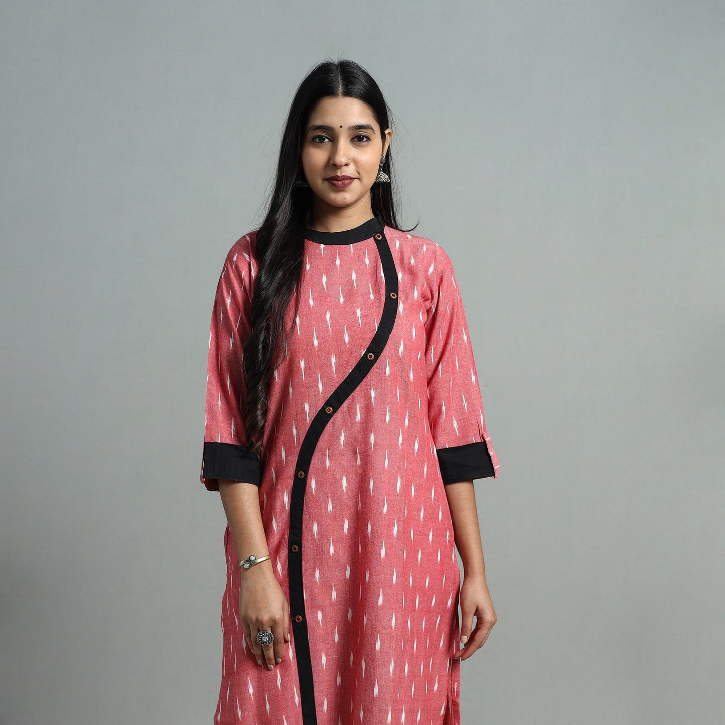 Peach Angrakha Cotton Straight Pochampally Ikat Kurta