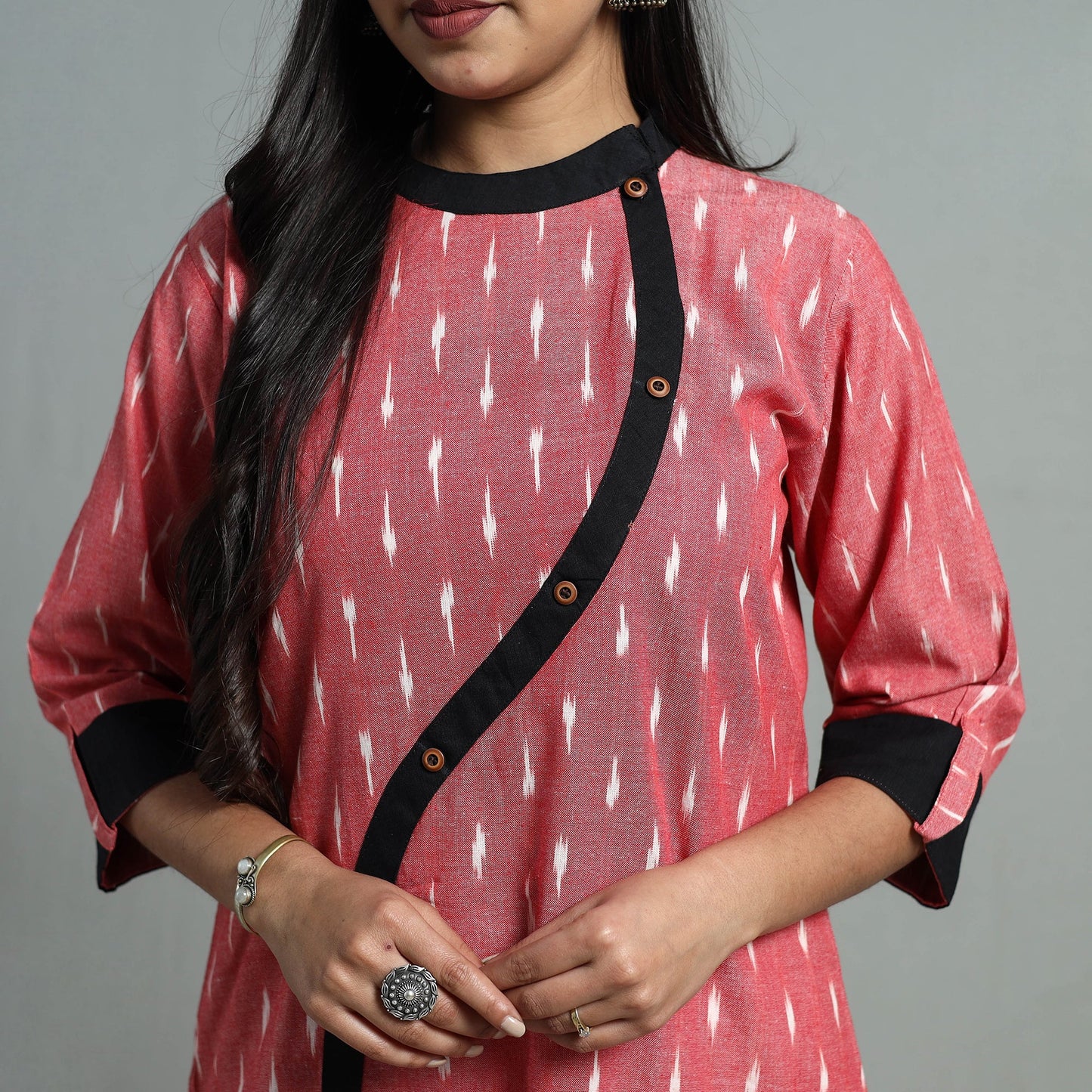 Peach Angrakha Cotton Straight Pochampally Ikat Kurta