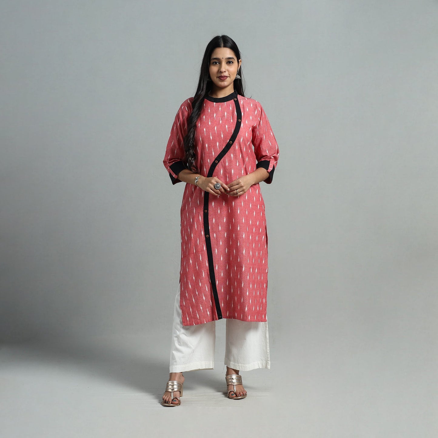 Peach Angrakha Cotton Straight Pochampally Ikat Kurta