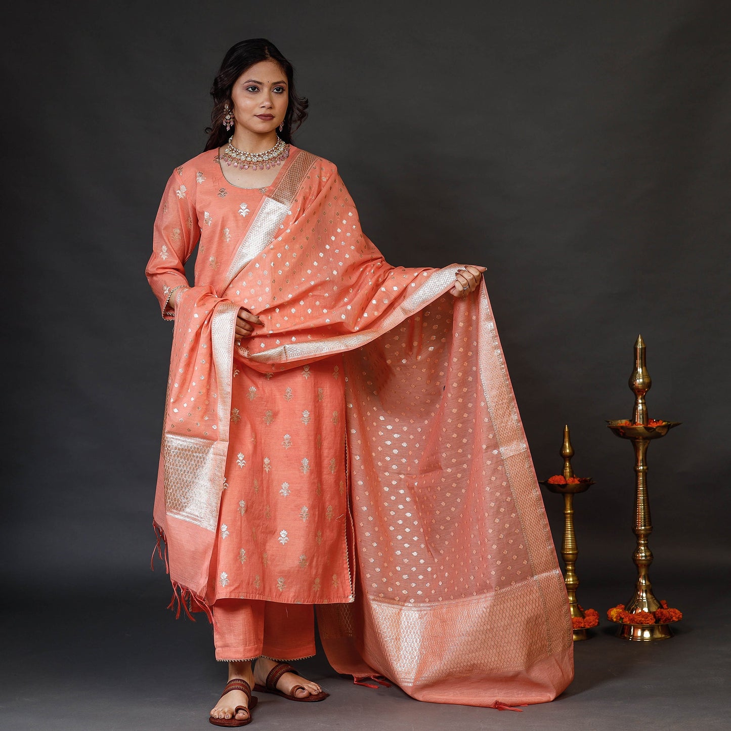 Peach - banarasi silk zari work kurta with palazzo &