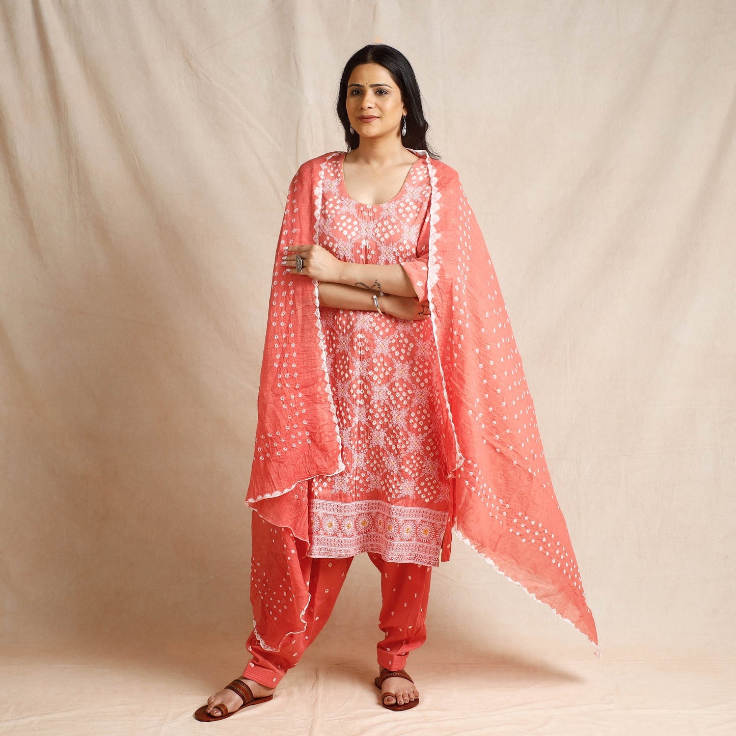 Peach - bandhani cotton kurta with salwar & dupatta set