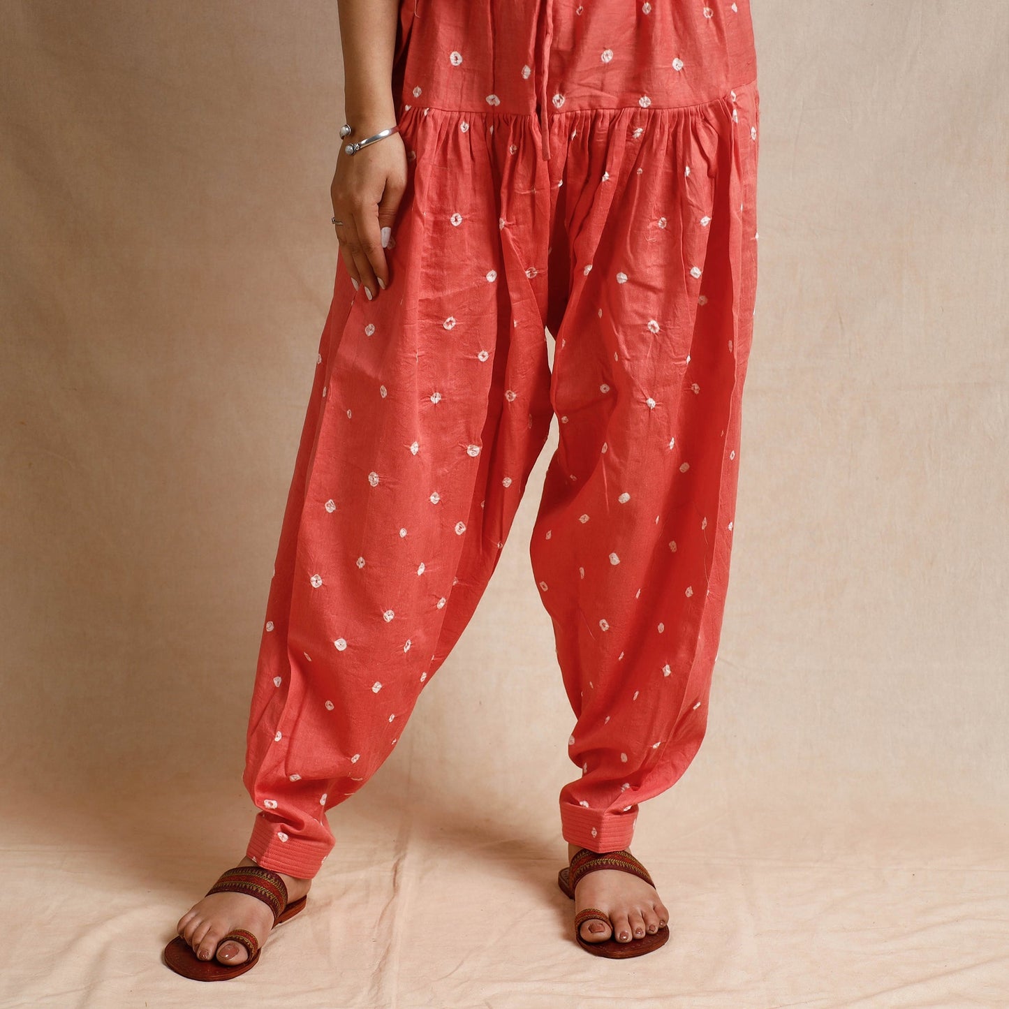 Peach - bandhani cotton kurta with salwar & dupatta set