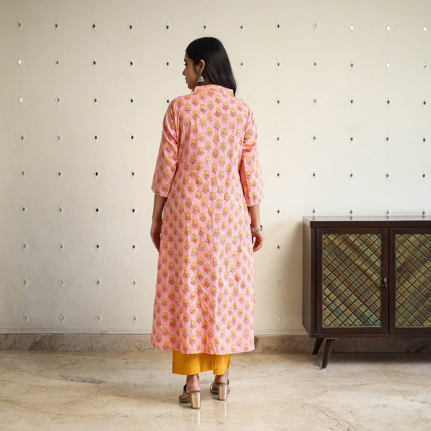 Peach Beadwork Flared Cotton Block Print Sanganeri Kurta