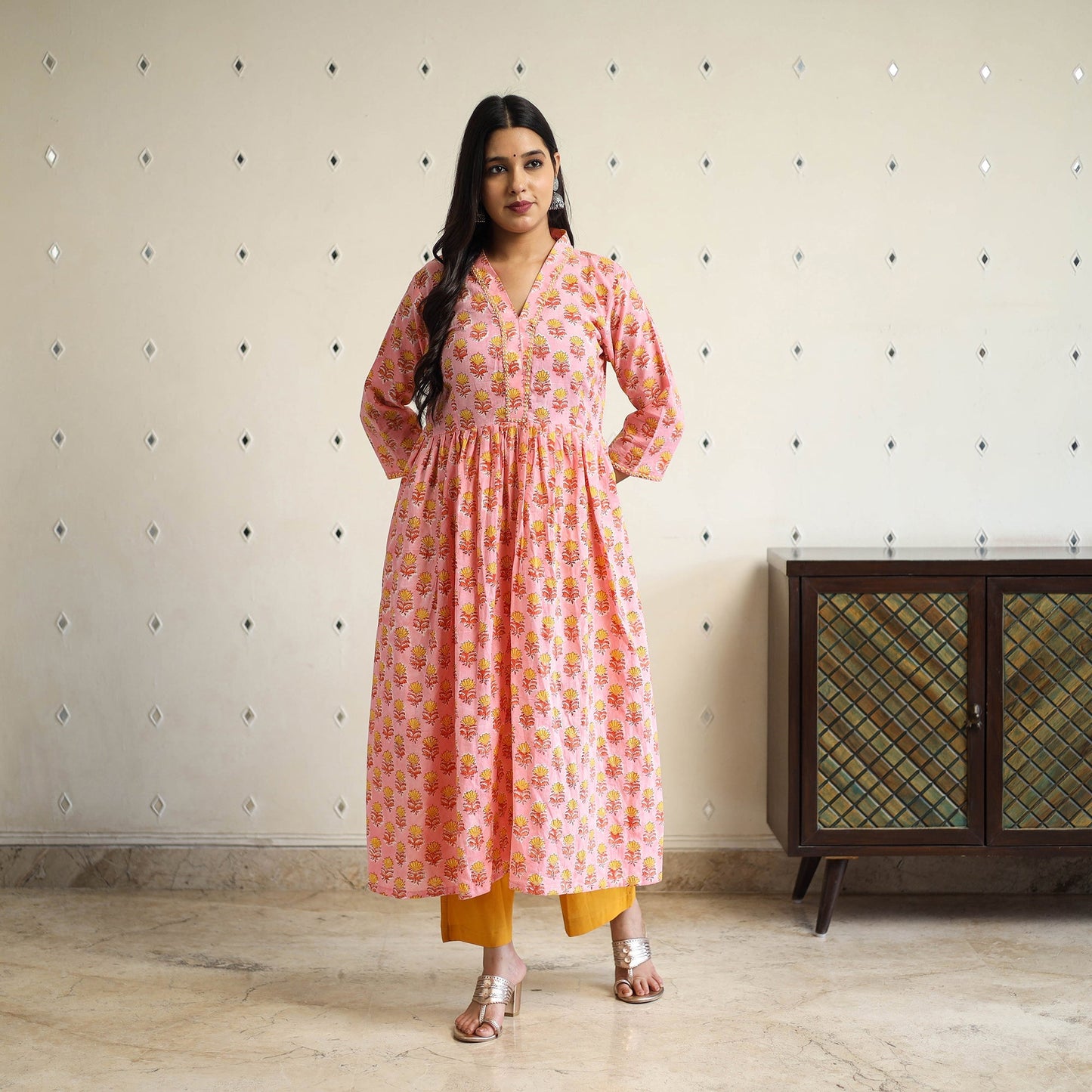 Peach Beadwork Flared Cotton Block Print Sanganeri Kurta