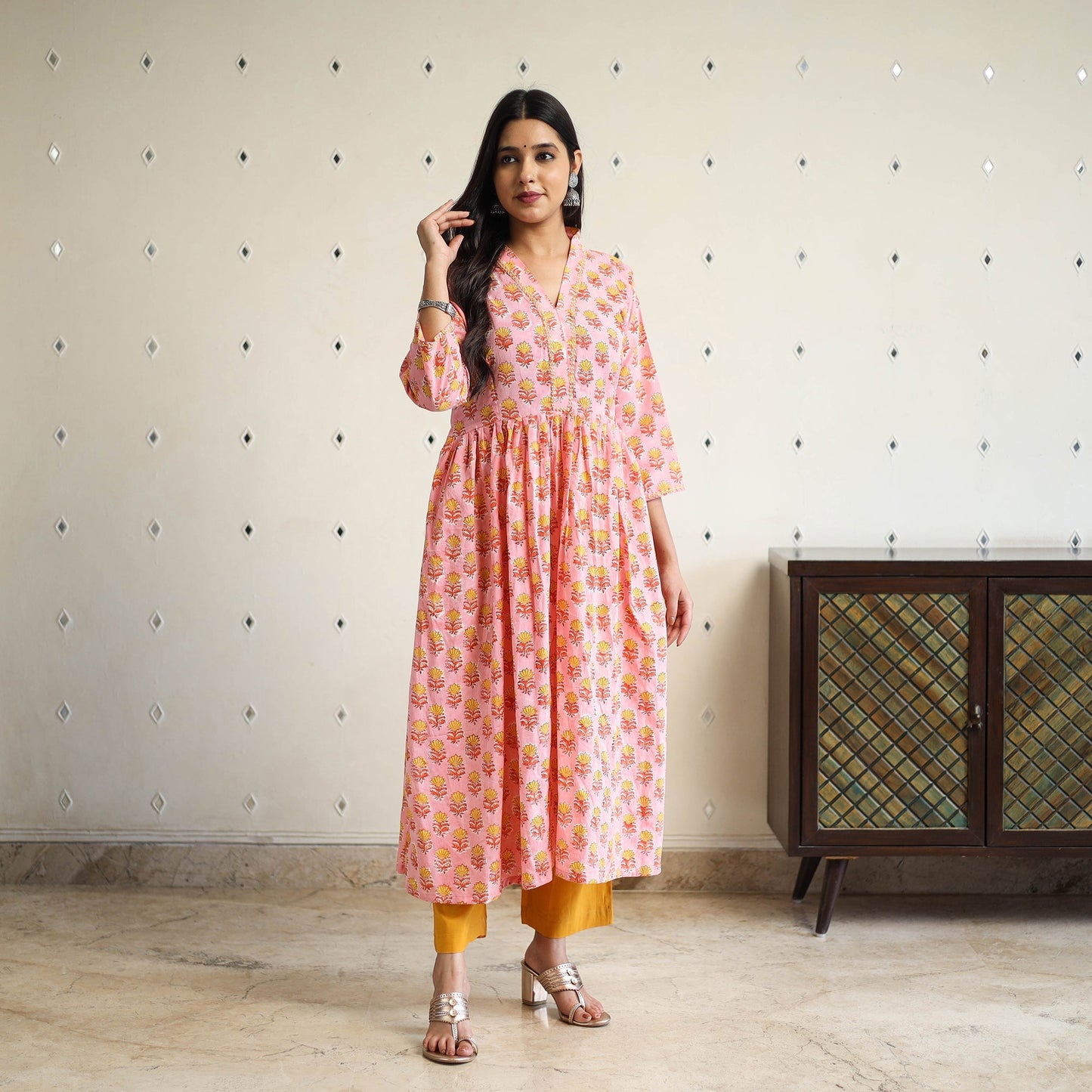 Peach Beadwork Flared Cotton Block Print Sanganeri Kurta