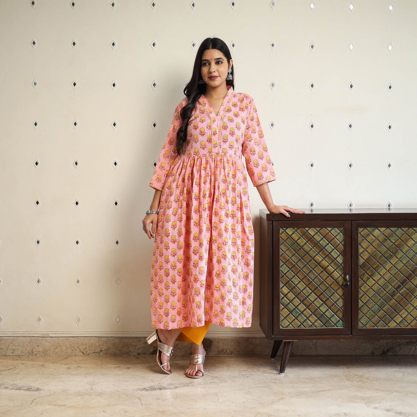 Peach Beadwork Flared Cotton Block Print Sanganeri Kurta