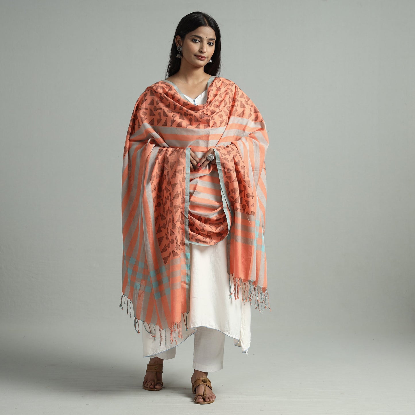 Peach -bengal jamdani handloom katan silk dupatta