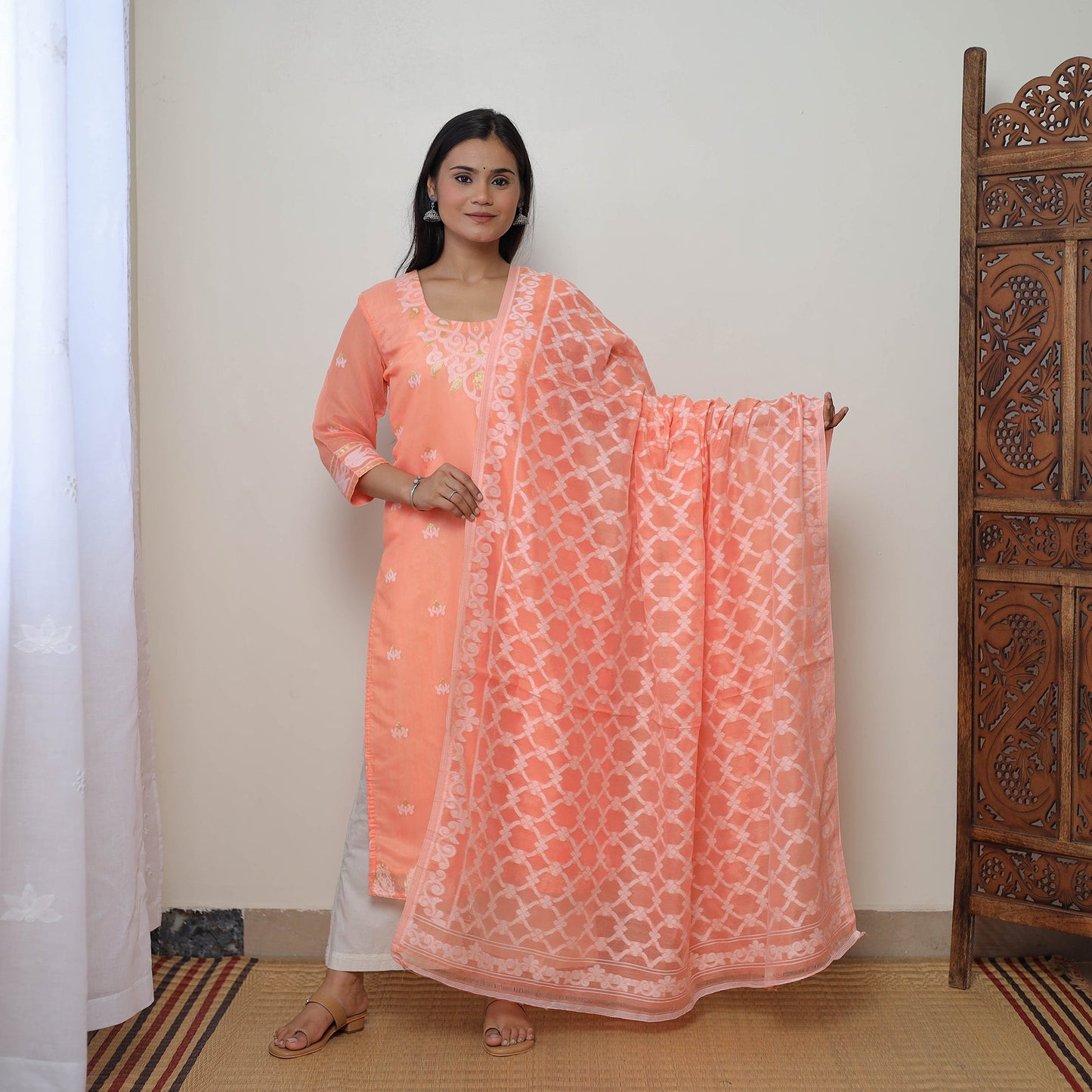 Bengal Jamdani Silk Cotton Kurta with Dupatta Set 03