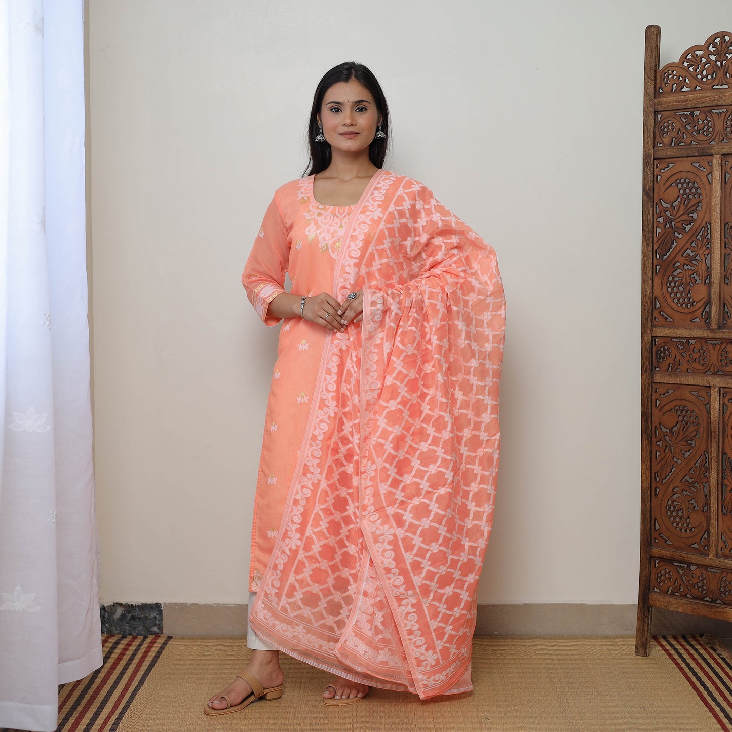 Bengal Jamdani Silk Cotton Kurta with Dupatta Set 03