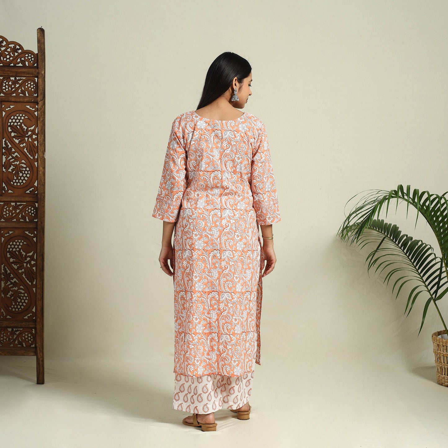 Peach Block Print Cotton Sanganeri Kurta Set