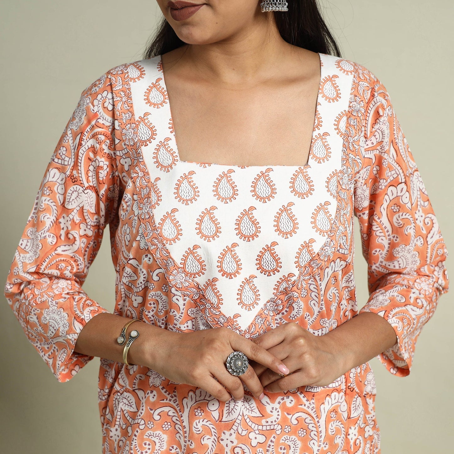 Peach Block Print Cotton Sanganeri Kurta Set