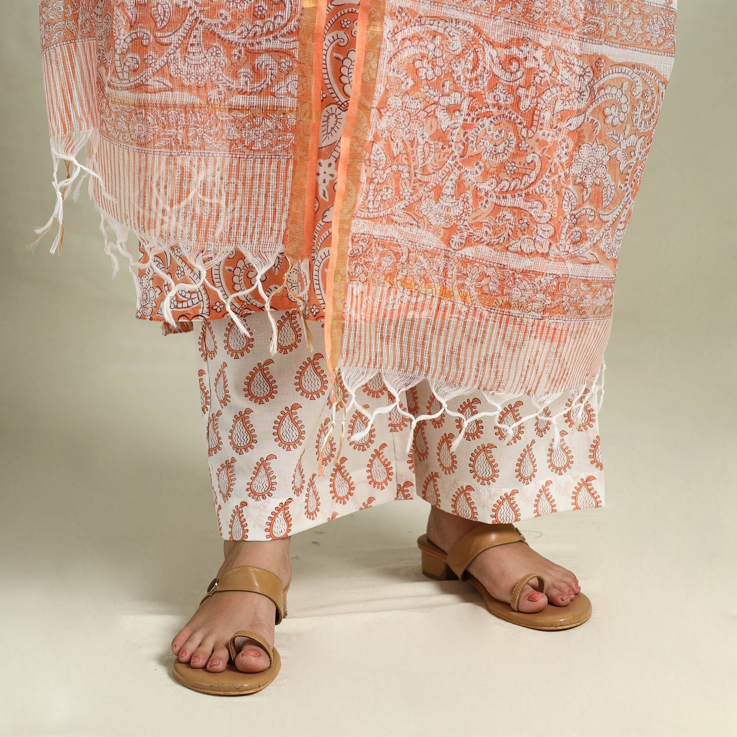 Peach Block Print Cotton Sanganeri Kurta Set