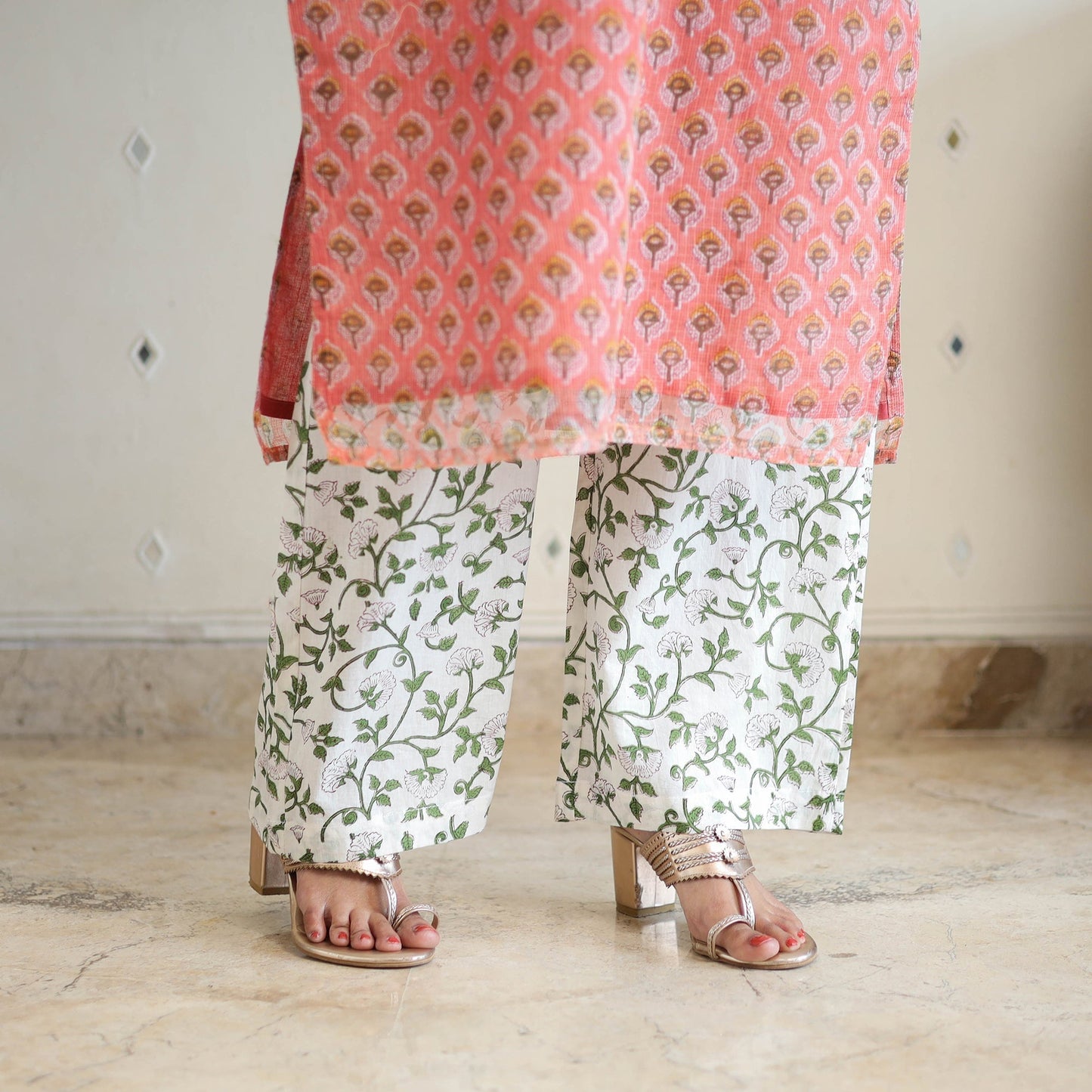 Peach Block Print Kota Doria Cotton Sanganeri Kurta Set (Set of 3)