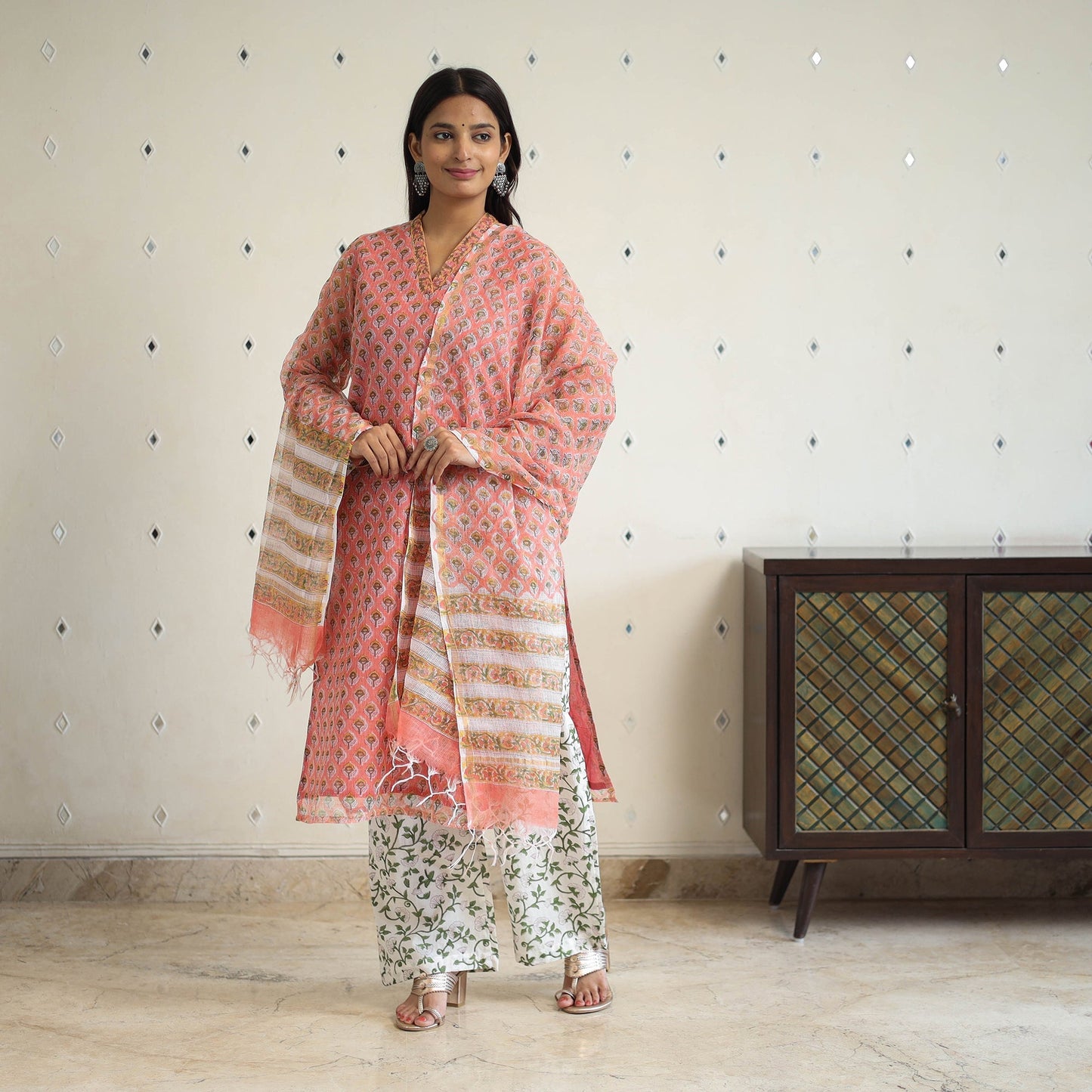 Peach Block Print Kota Doria Cotton Sanganeri Kurta Set (Set of 3)