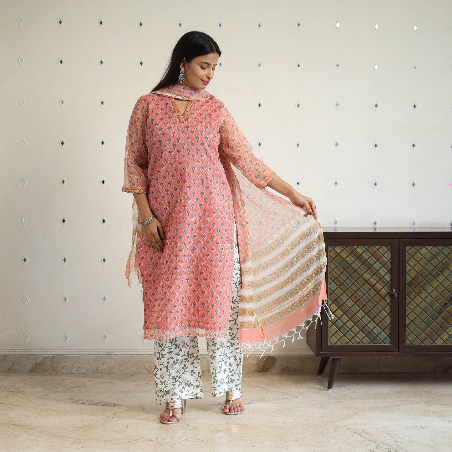 Peach Block Print Kota Doria Cotton Sanganeri Kurta Set (Set of 3)