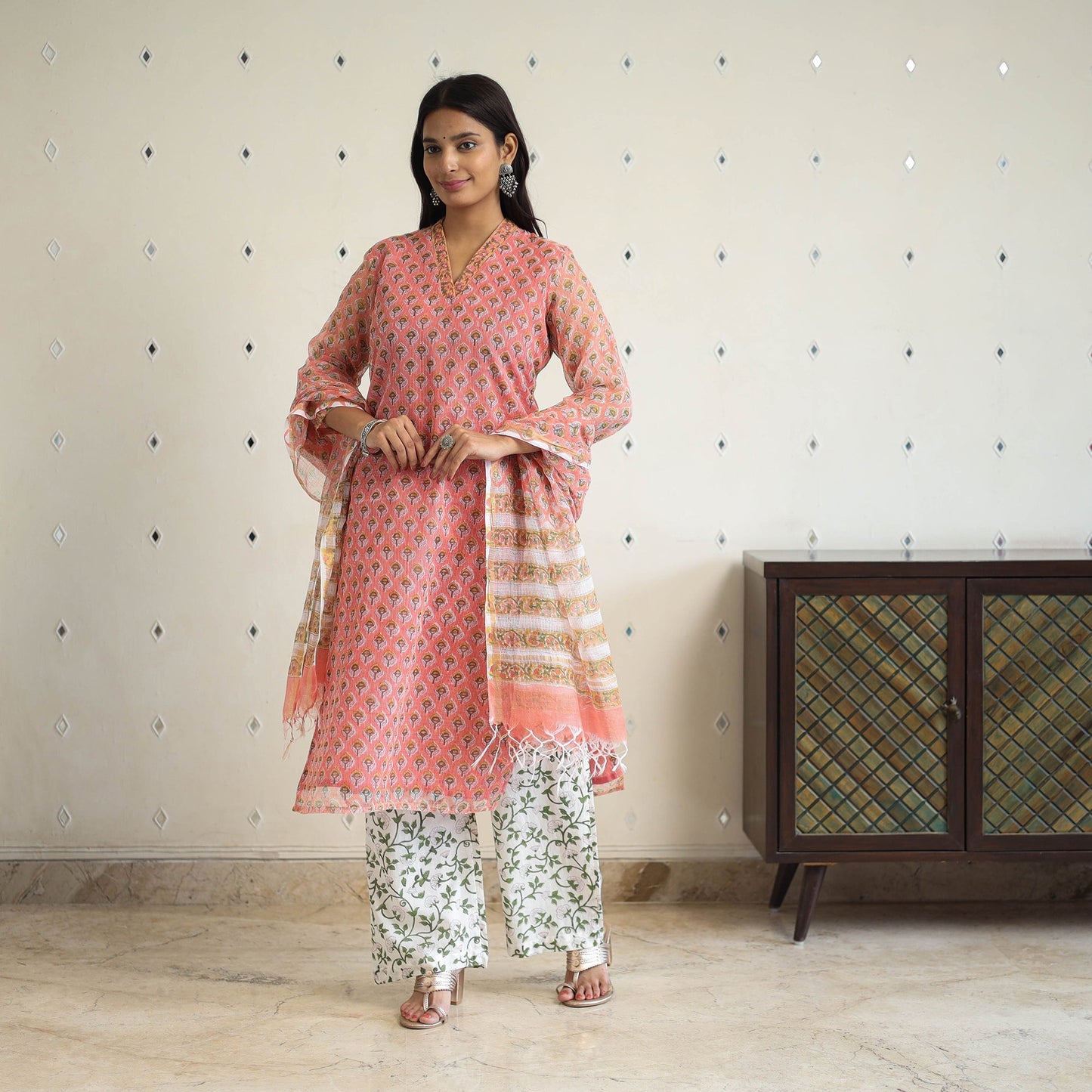 Peach Block Print Kota Doria Cotton Sanganeri Kurta Set (Set of 3)