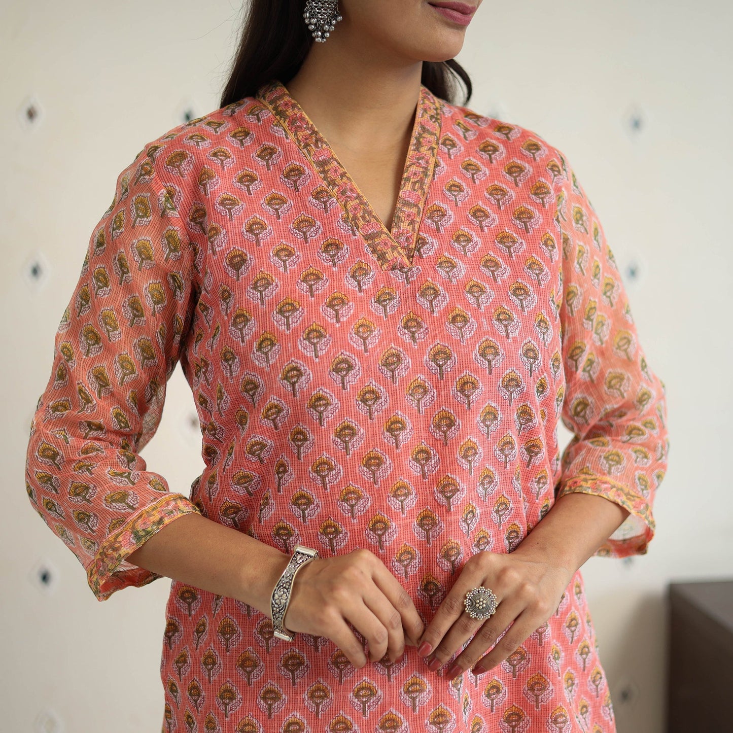 Peach Block Print Kota Doria Cotton Sanganeri Kurta Set (Set of 3)