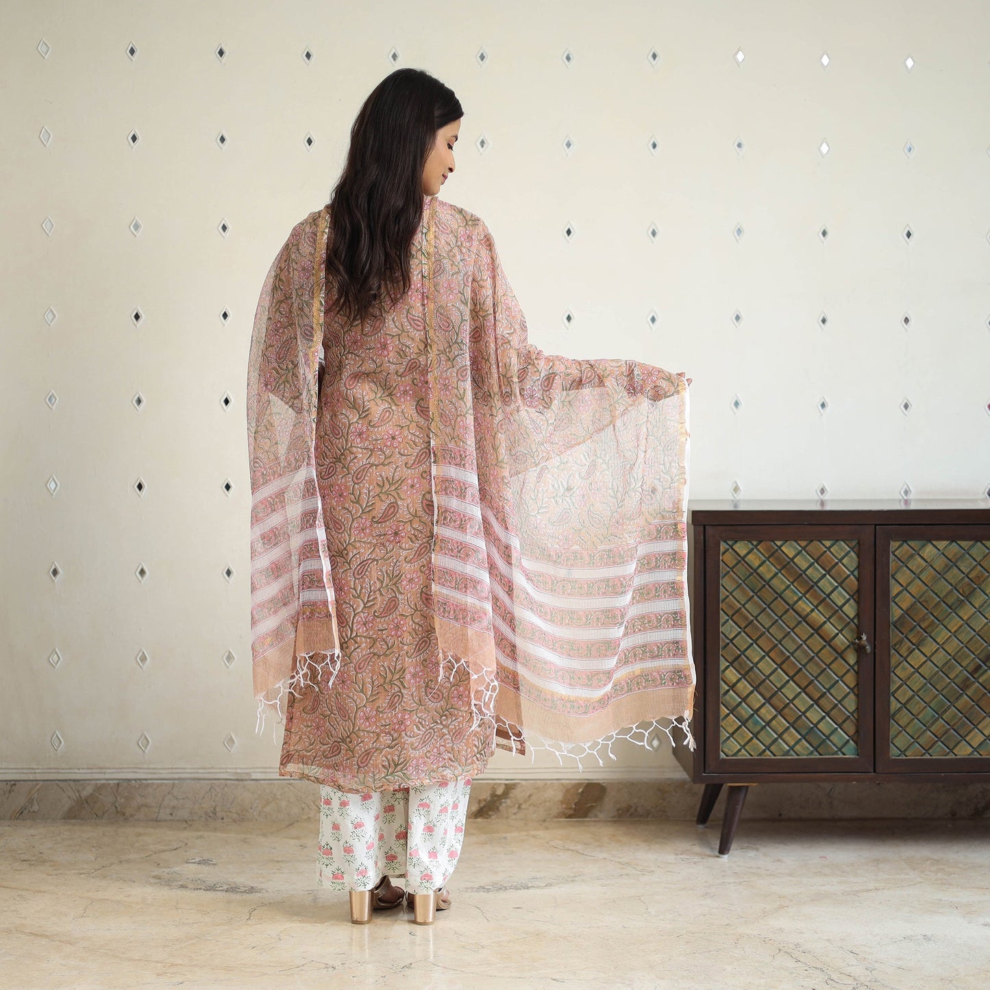 Peach Block Print Kota Doria Cotton Sanganeri Kurta Set (Set of 3)