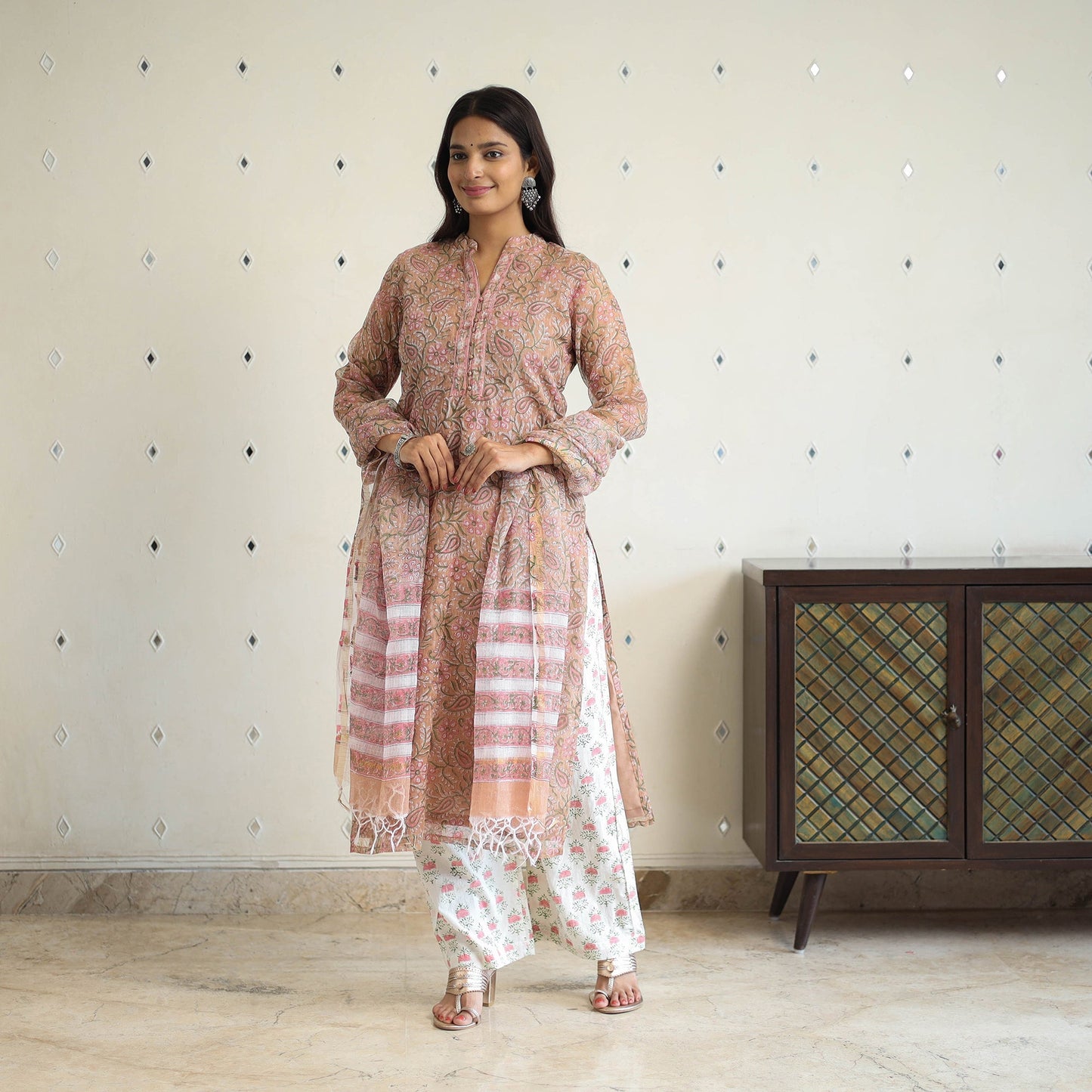 Peach Block Print Kota Doria Cotton Sanganeri Kurta Set (Set of 3)
