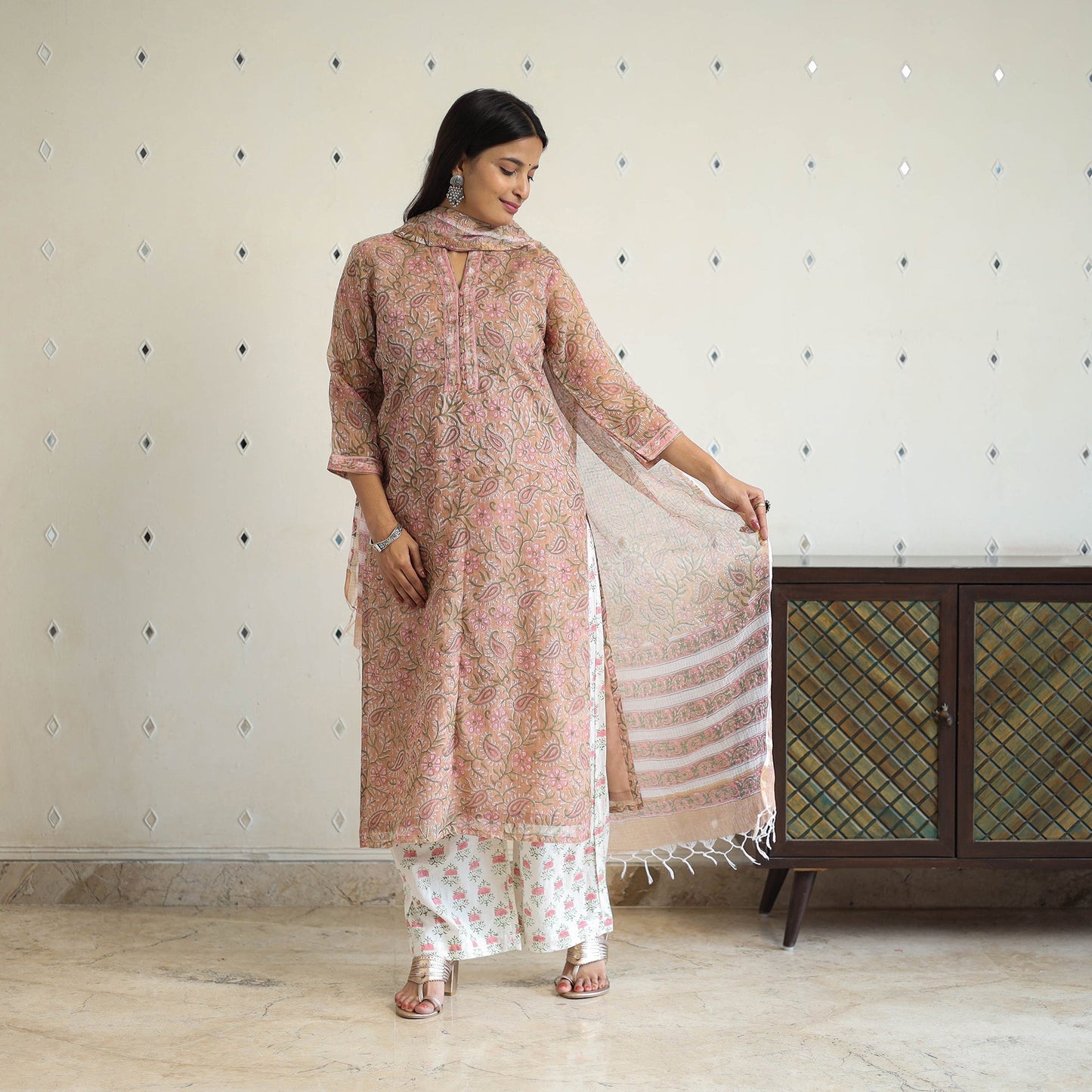 Peach Block Print Kota Doria Cotton Sanganeri Kurta Set (Set of 3)