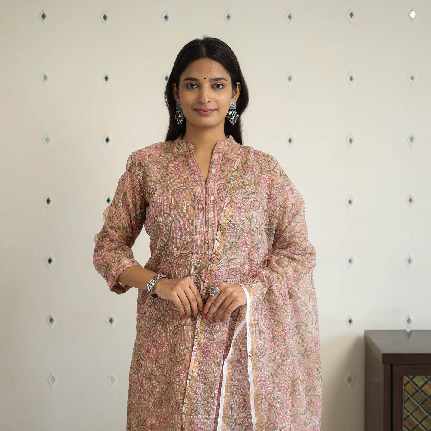 Peach Block Print Kota Doria Cotton Sanganeri Kurta Set (Set of 3)