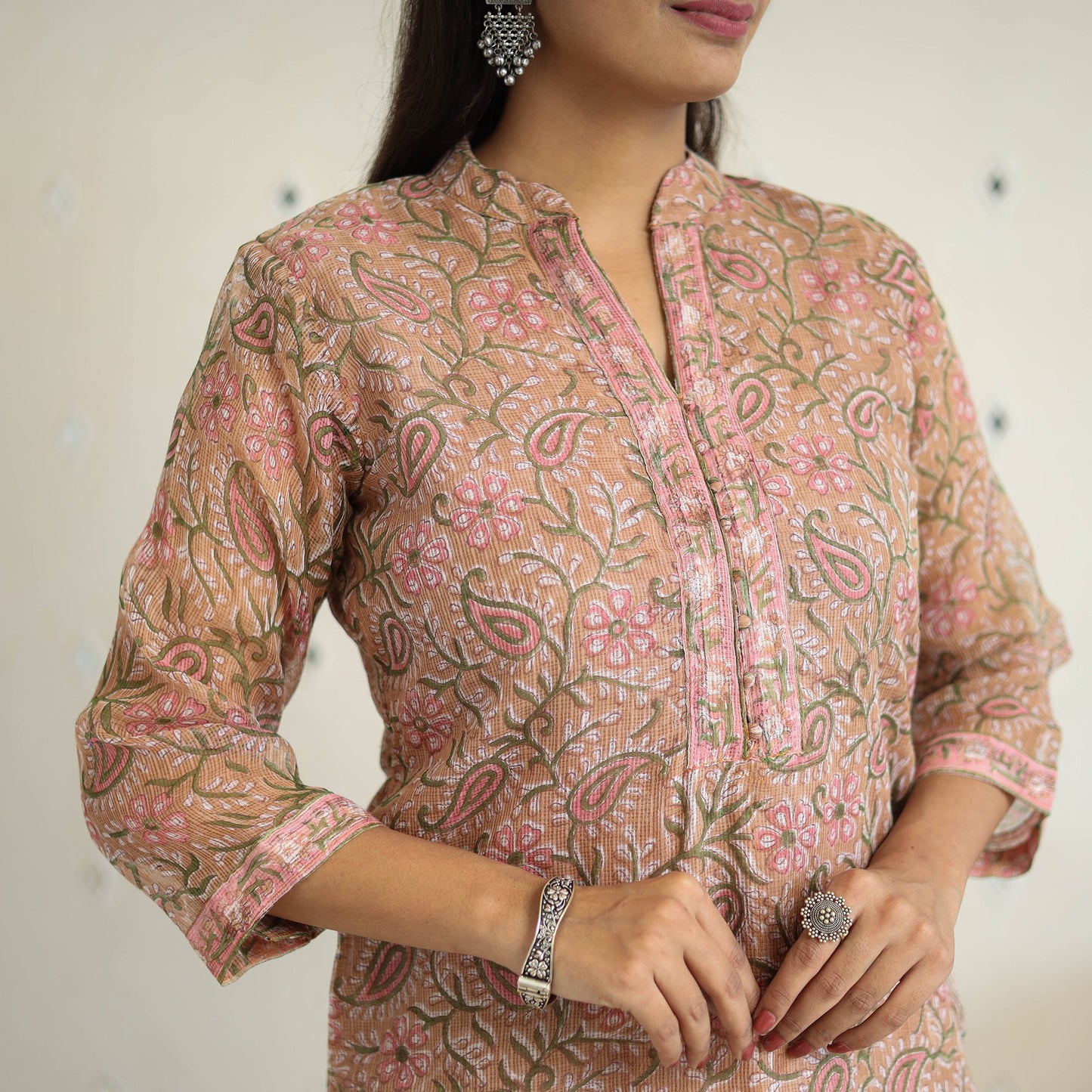 Peach Block Print Kota Doria Cotton Sanganeri Kurta Set (Set of 3)