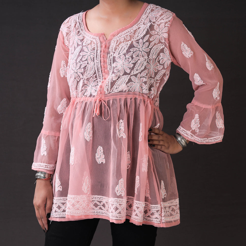 Peach - Chikankari Hand Embroidered Short Flared Kurta / Top