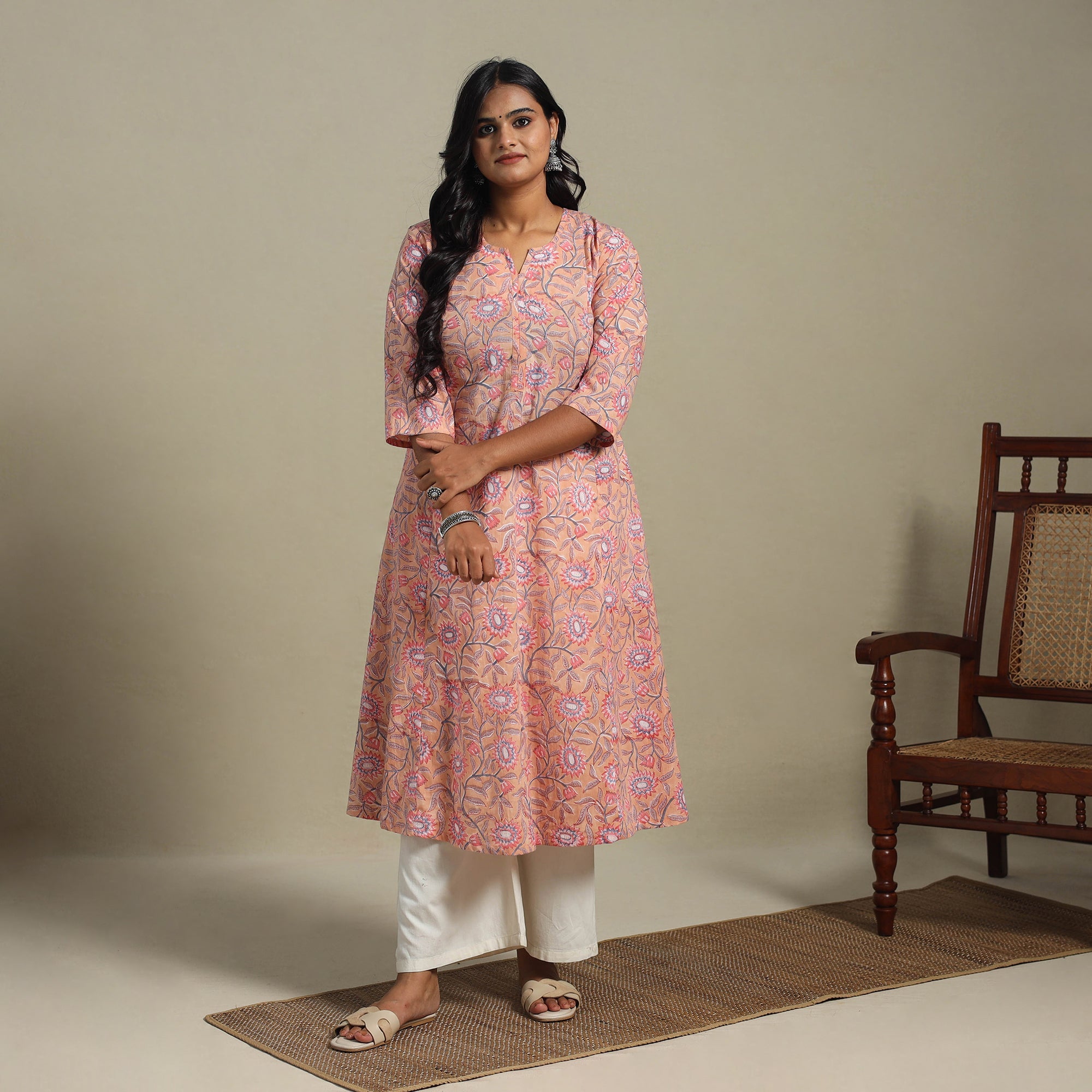 Pink - Block Print Cotton A-Line Sanganeri Kurta 01
