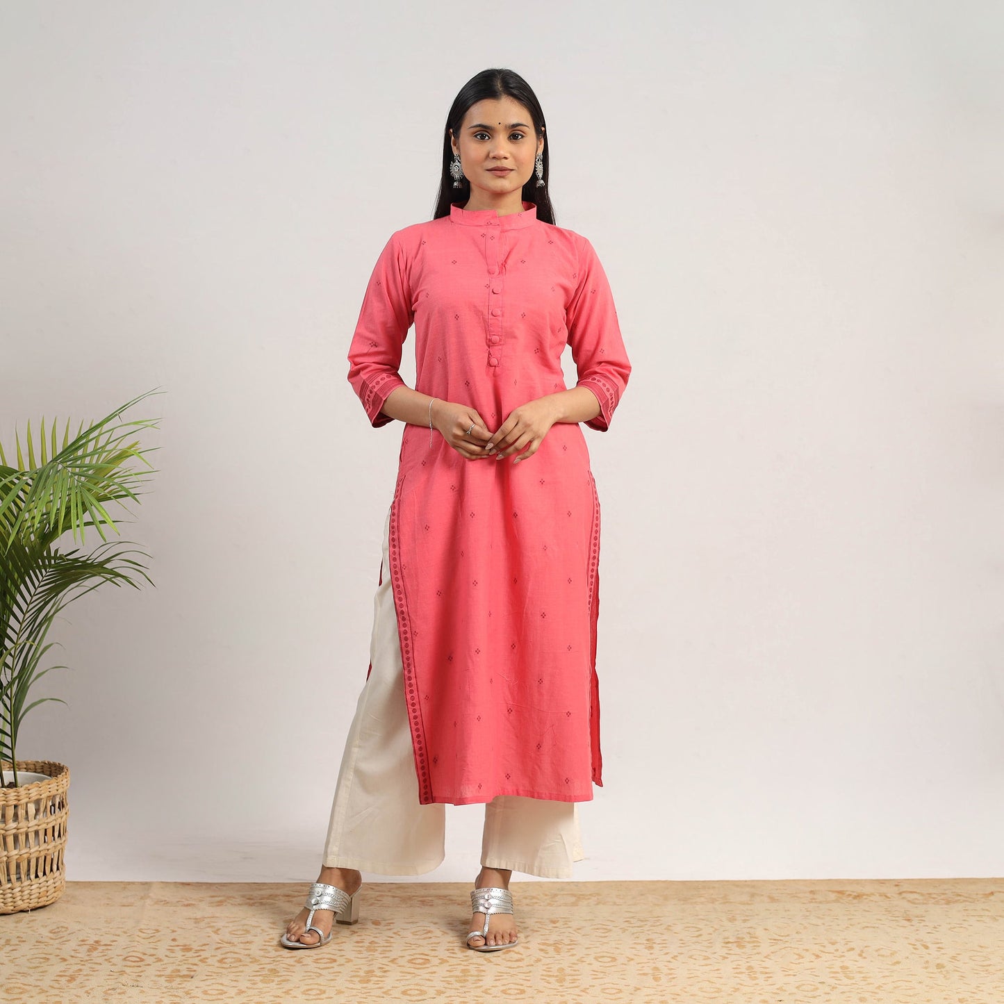 Peach Cotton Straight Jacquard Kurta for Women