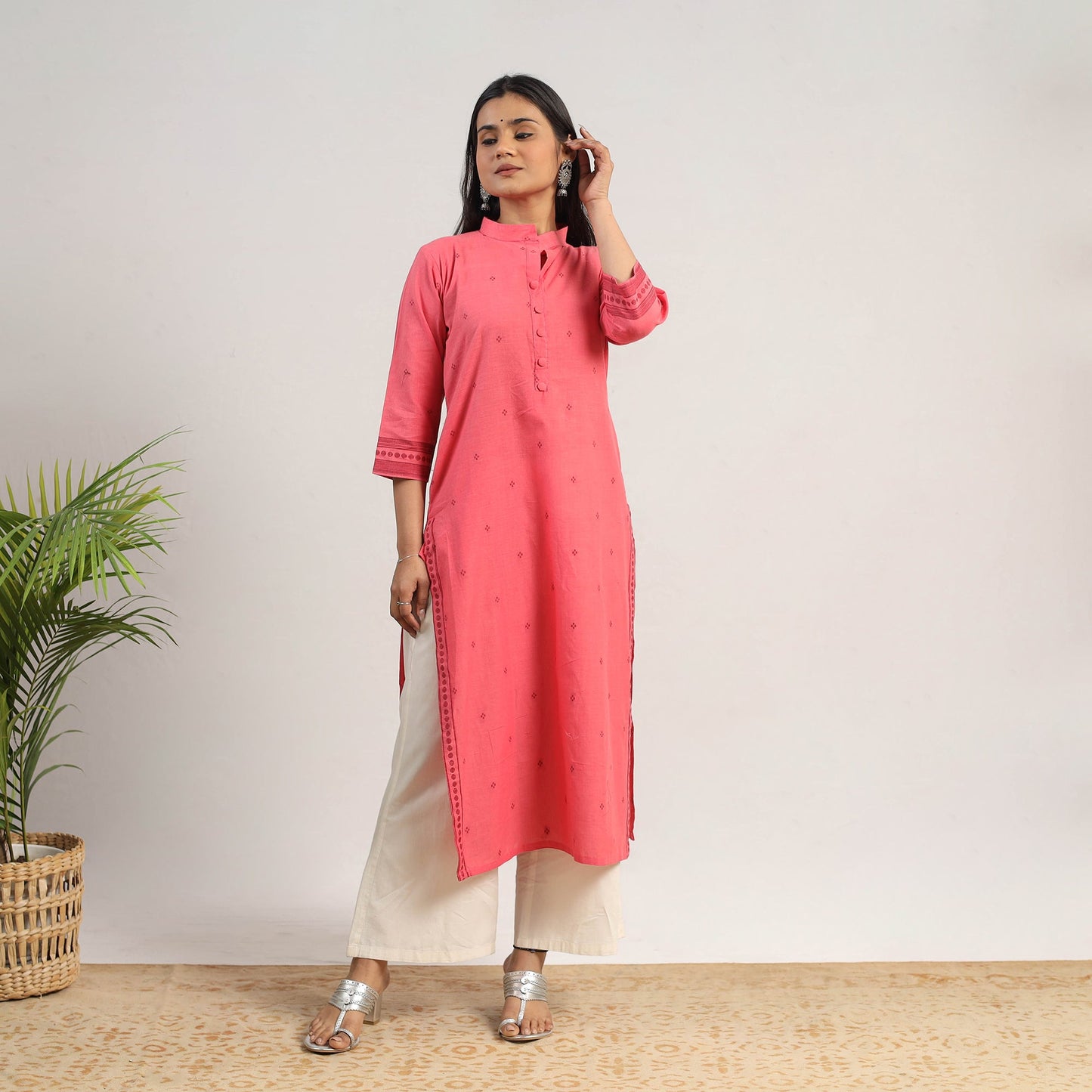 Peach Cotton Straight Jacquard Kurta for Women