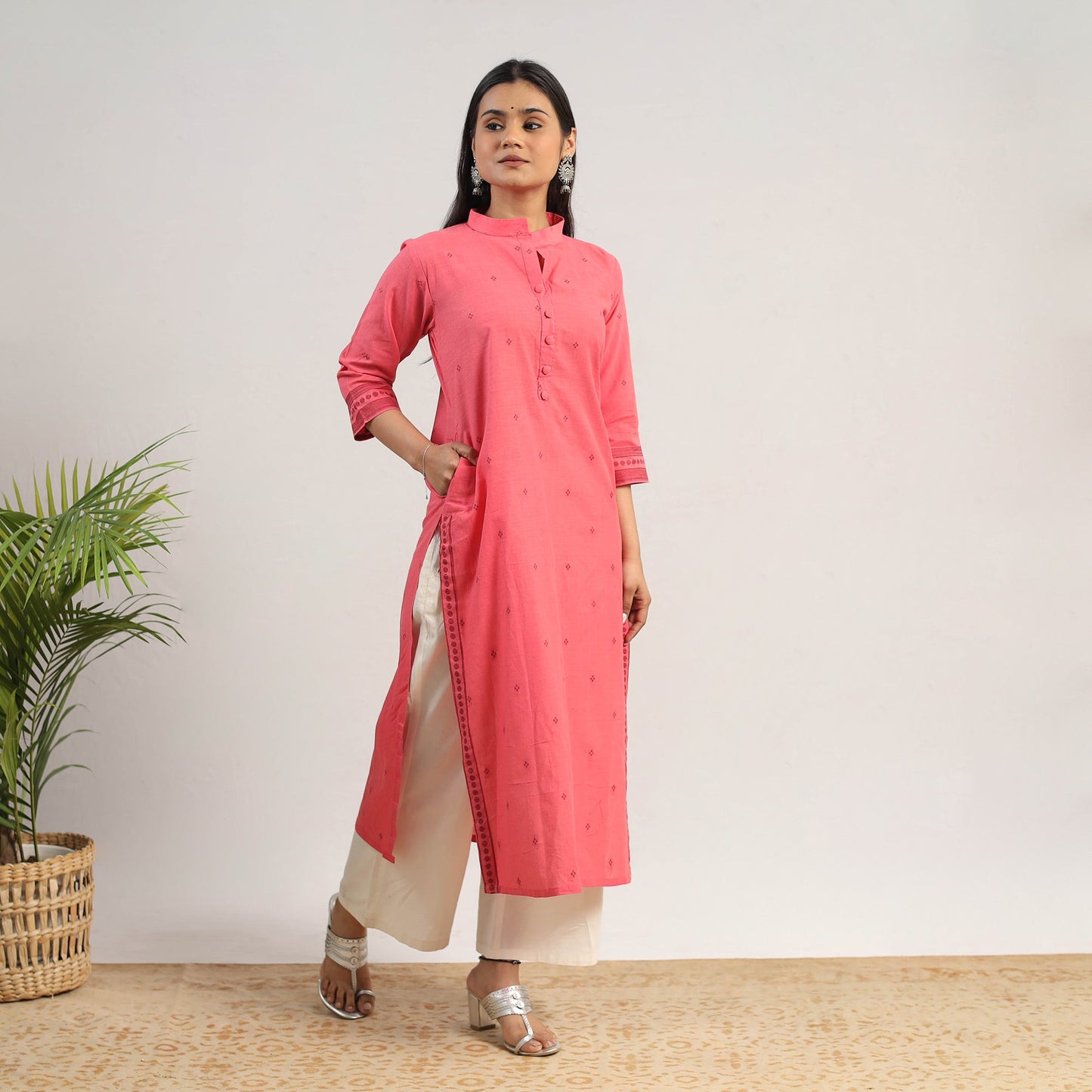 Peach Cotton Straight Jacquard Kurta for Women