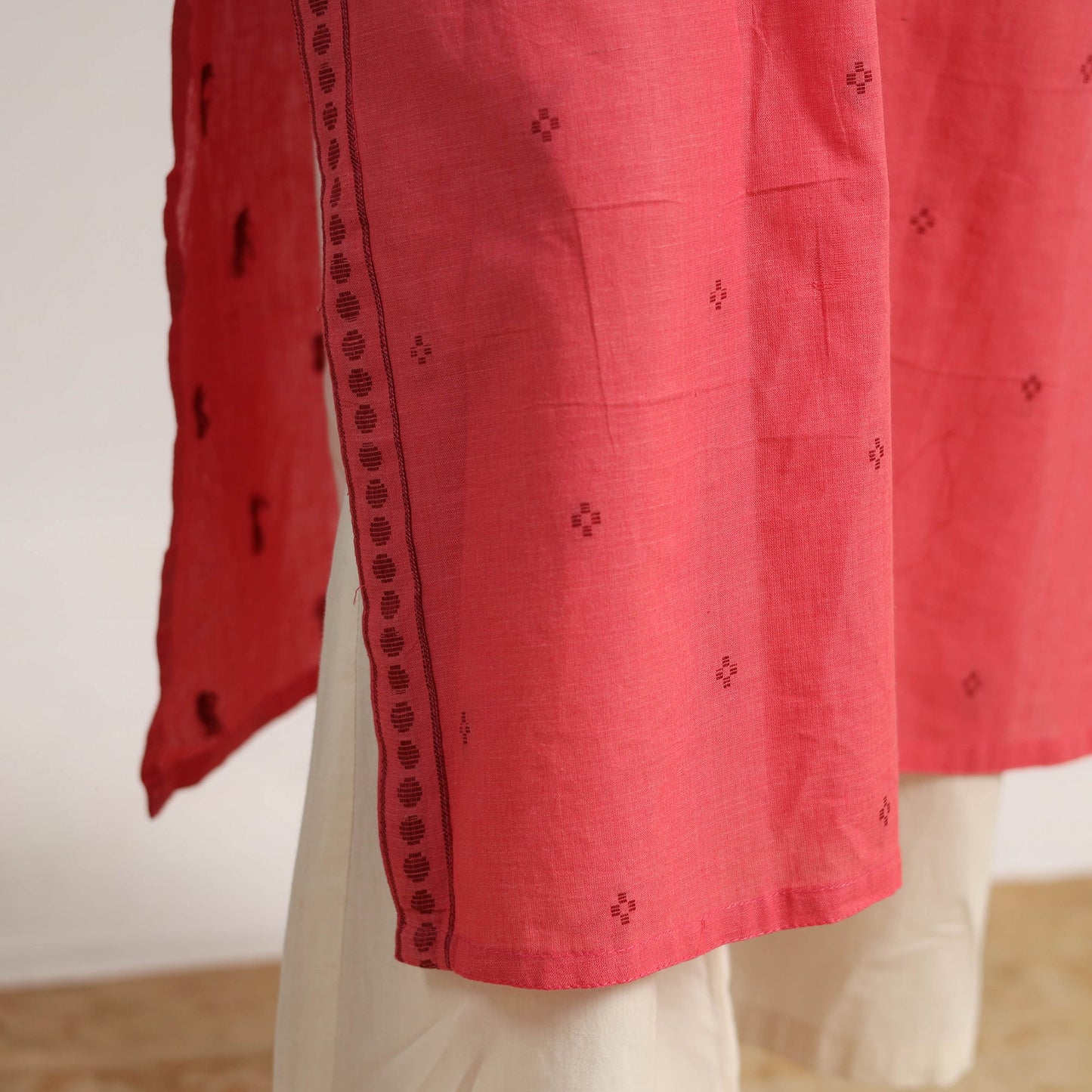 Peach Cotton Straight Jacquard Kurta for Women