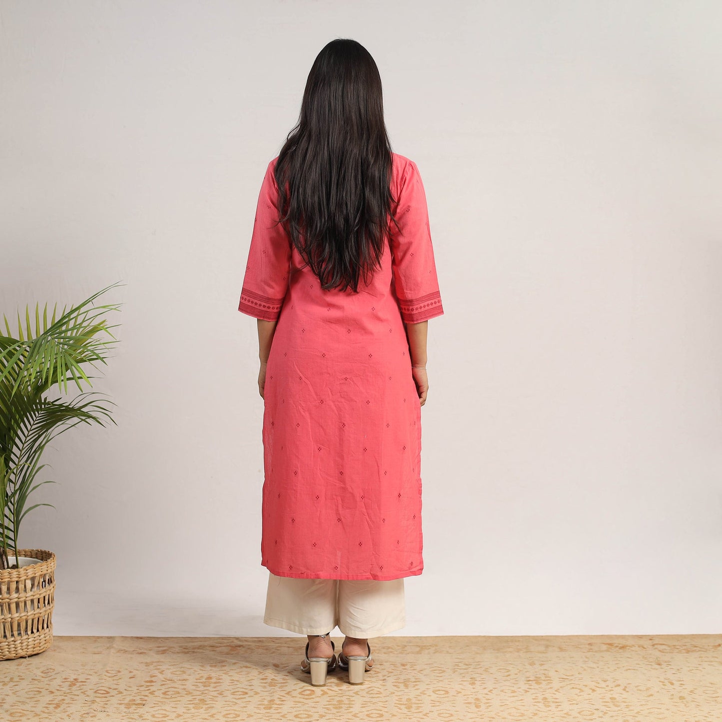 Peach Cotton Straight Jacquard Kurta for Women