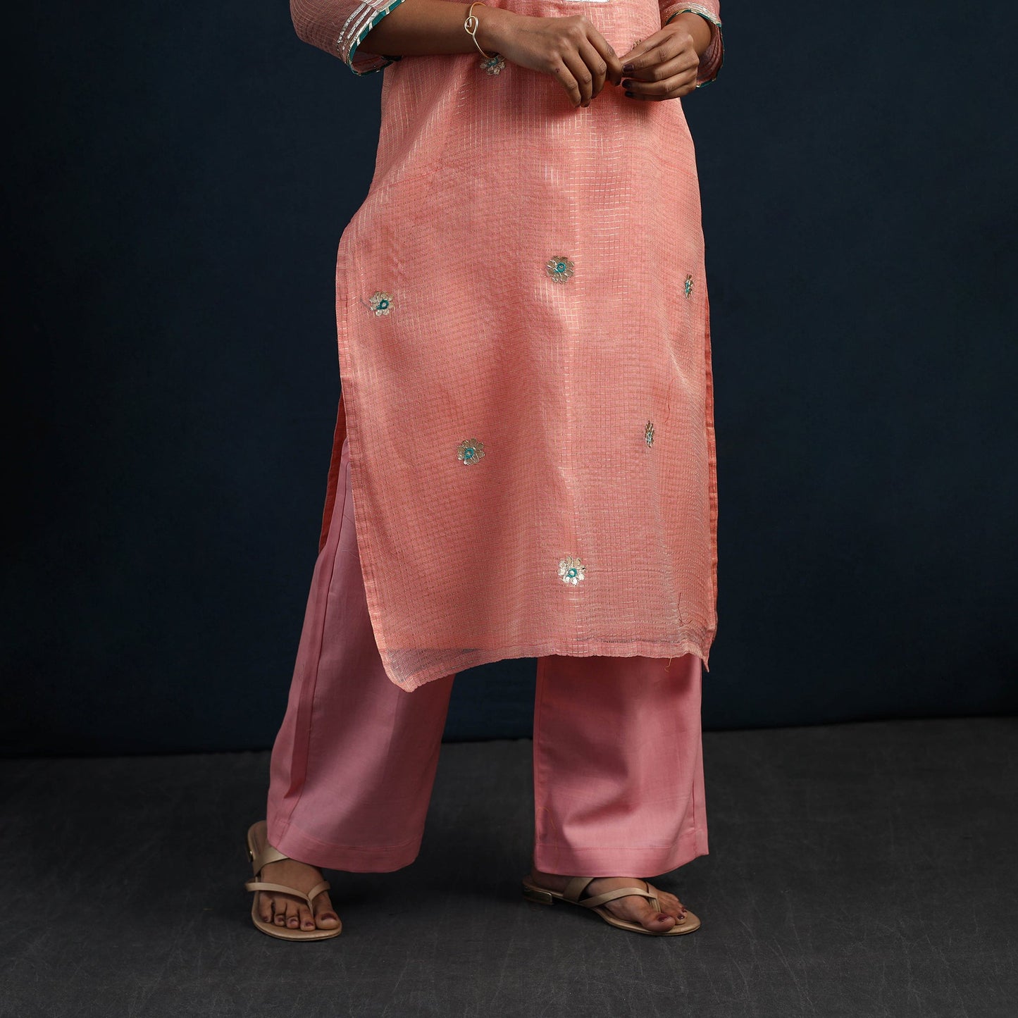 Peach - Elegant Gota Work Silk Kota Doria Kurta Set 06
