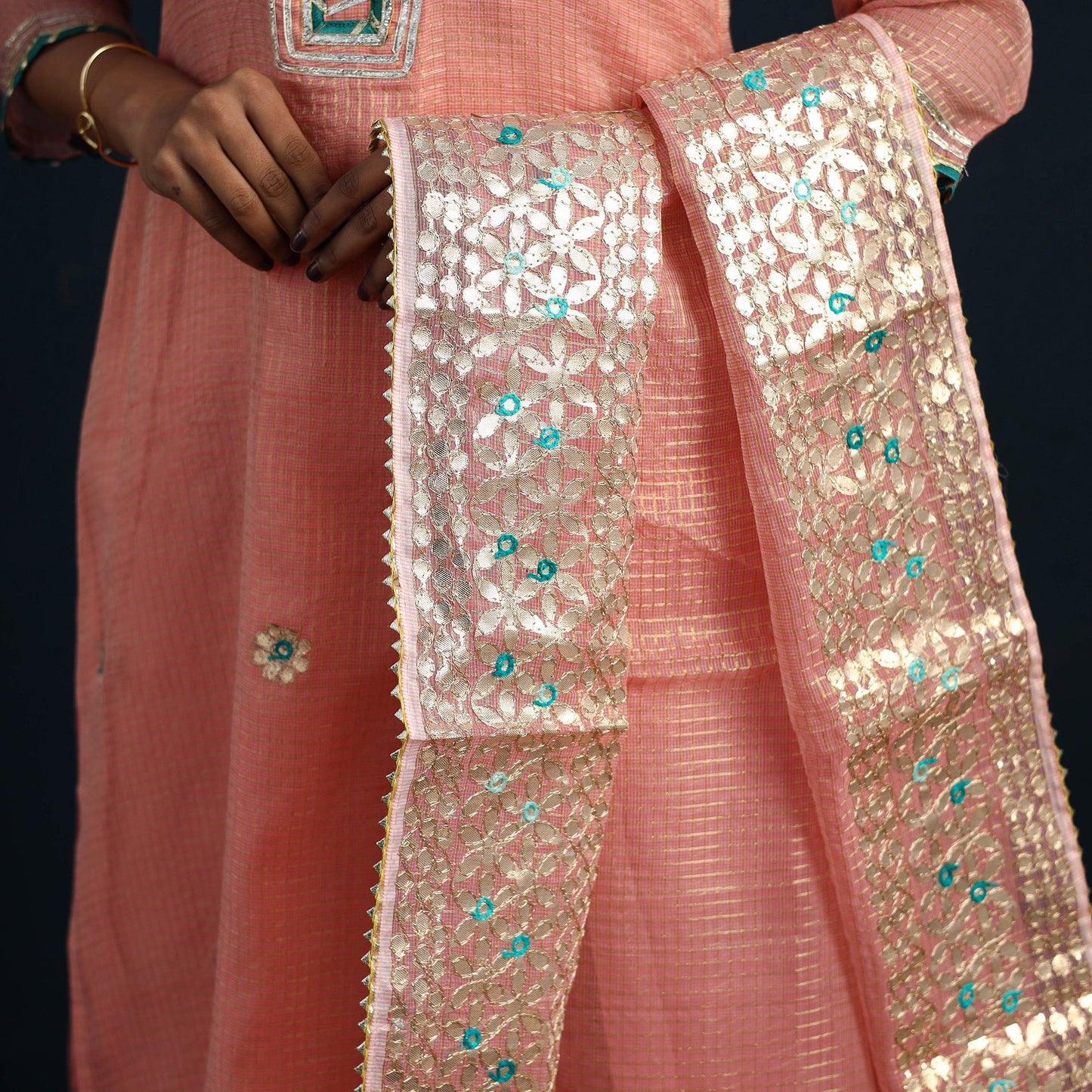 Peach - Elegant Gota Work Silk Kota Doria Kurta Set 06